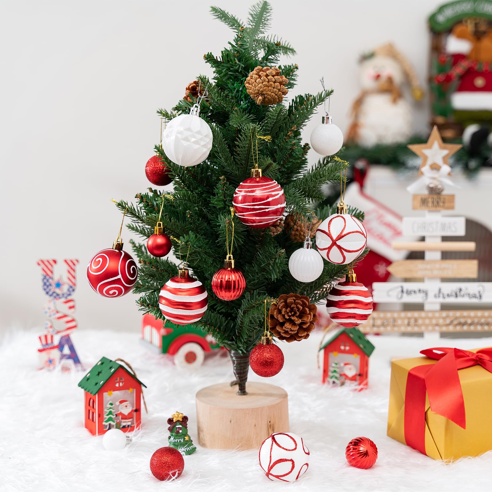 Juego de 100 adornos de bolas de Navidad, decoraciones de Navidad inastillables con paquete de regalo de mano para árbol de Navidad, vacaciones, boda, vacaciones, decoración de fiesta (rojo y blanco)