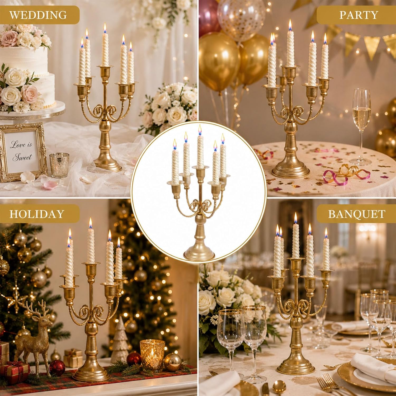 PROY 11.8 Inch 5-Arm Gold Candelabra,Metal Candlestick Holders for Taper Candles,Elegant Gold Candle Holders Decor for Wedding Party Holiday Christmas Dining Table Home Decoration,Set of 6 image 4