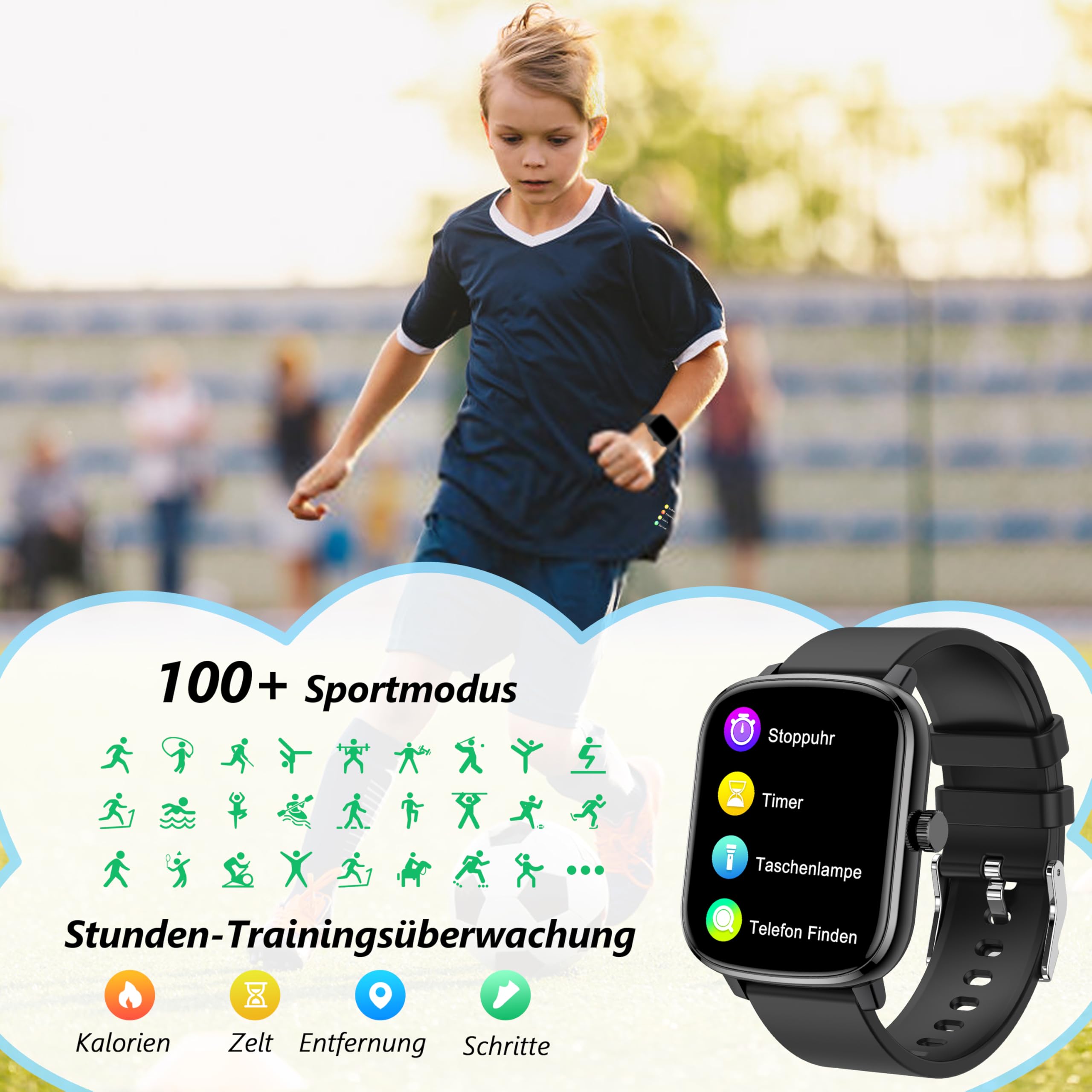 KALINCO Smartwatch für Kinder Jungen Herren, 110+ Sportmodus Schrittzähler, 1.69” Anrufbenachrichtigung/Nachrichtenalarm, Herzfrequenz/Blutdruck/Schlafüberwachung, Geschenkuhr für Android/iOS