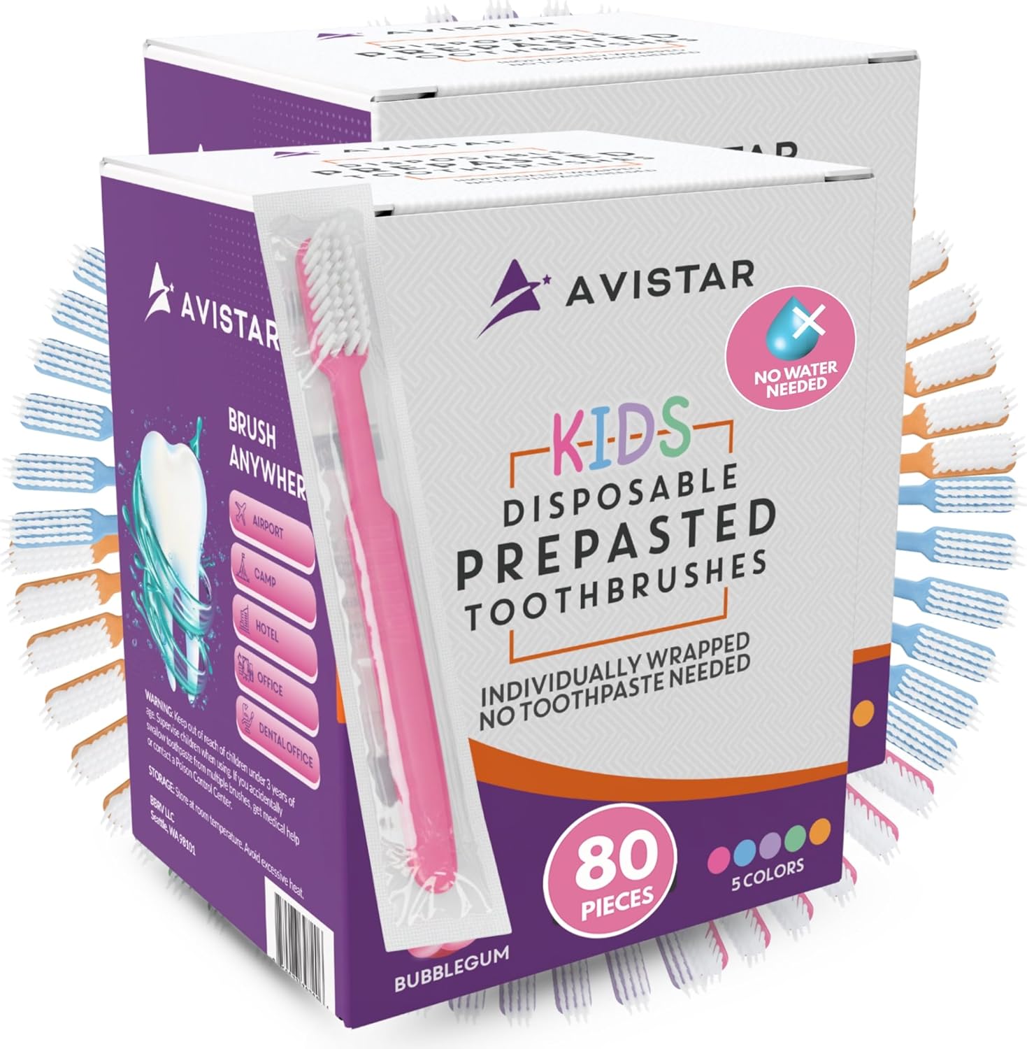 Kids 80 Prepasted Disposable Toothbrushes Individually Wrapped - Single Use Pre Pasted Disposable Toothbrushes with Toothpaste Built in - Waterless Toothbrush for Travel, Guests, Hotel, & Camping