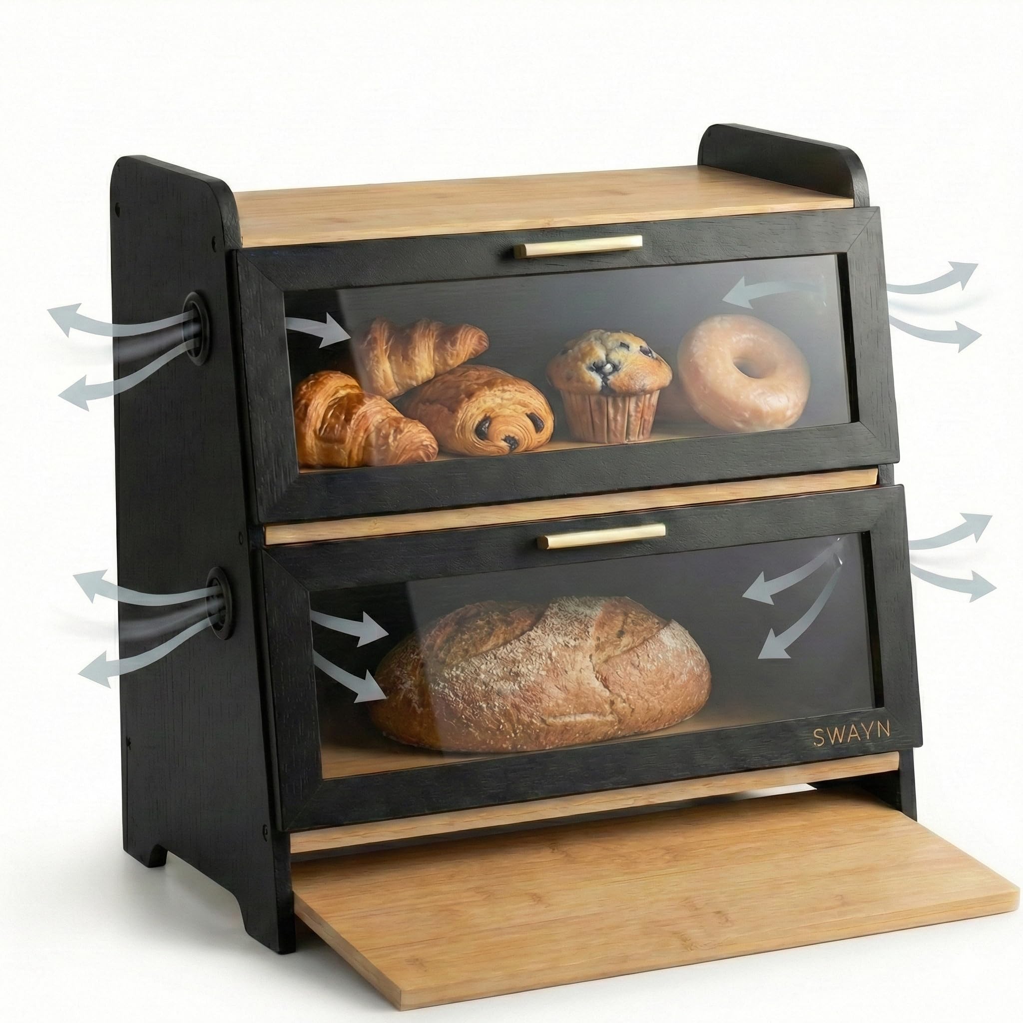 SWAYN Boîte à pain en Bambou Certifié FSC — Huche à Pain 2 étages, Ventilation Ajustable pour Prolonger la Fraîcheur, Planche Intégrée, Rangement Optimisé pour Conservation Pain (noir)