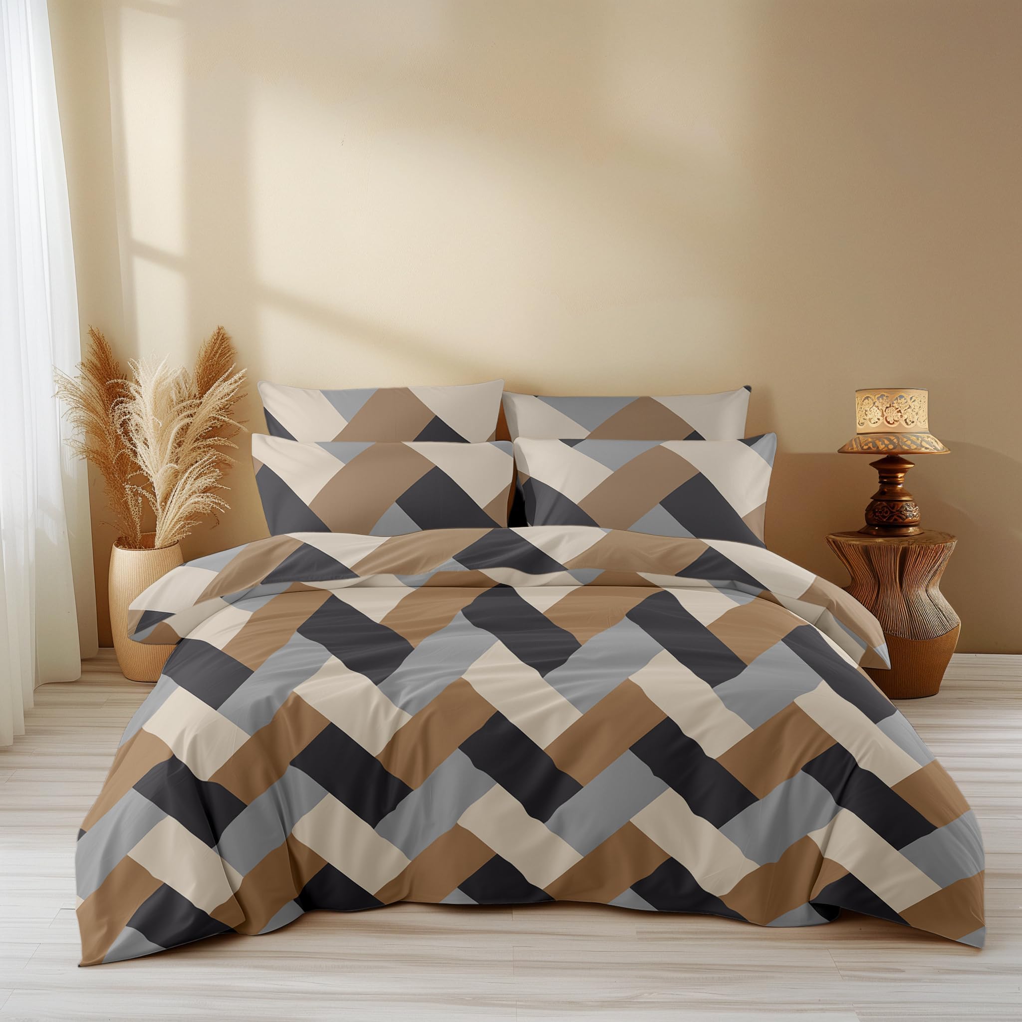 LOOMLYFE 300 TC All Season King Size AC Comforter || Blanket || Duvet for Double Bed with 1 Flat Bedsheet and 2 Large Pillow Covers - 4 Piece Comforter Set - BrownGreyCross