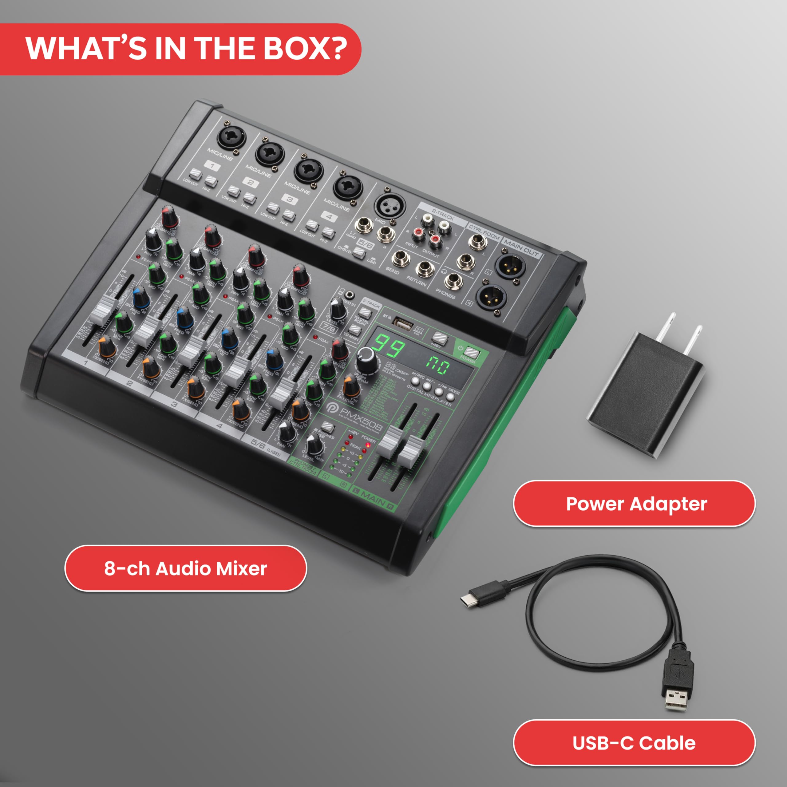 Pyle 8-Channel Audio Mixer, Bluetooth Studio Mixer/DJ Controller with Digital Effects, USB Interface, MP3 Compatible, XLR Inputs and LED Display, Audio Mixing Sound board System 10”x11”x3” inches