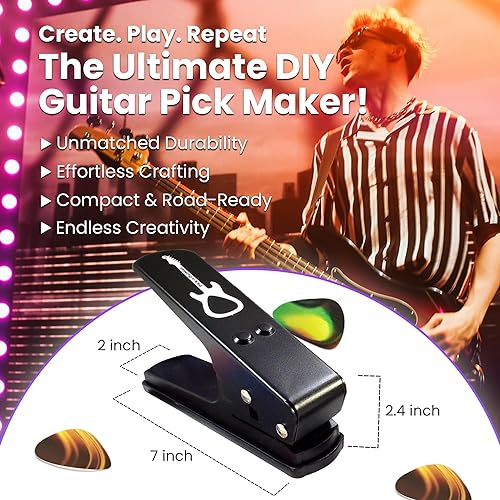Miniatura 3 de Pack de regalo Pick-a-Palooza DIY para punzón de púa de guitarra - Fabricante de púas premium con llavero de cuero, 4 tiras y una lima - Negro