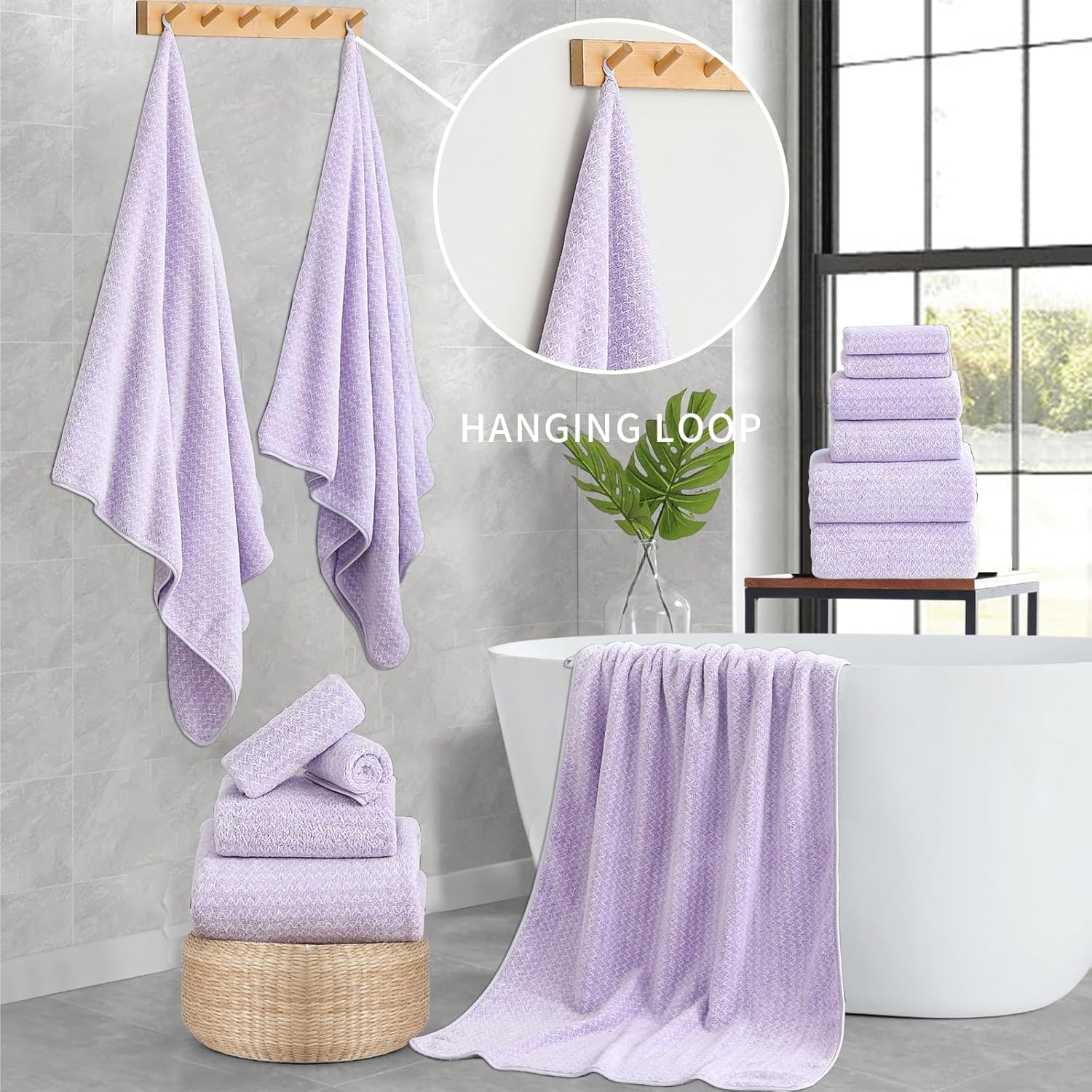 Ultra Soft Bath Towel Set,12 Piece (4 Bath Towels,4 Hand Towels,4 Washcloths) Family Bathroom Towels Set with Hanging Loop,Quick Dry Extra Absorbent Shower Towel for Bathroom,Hotel,Spa-Light Purple