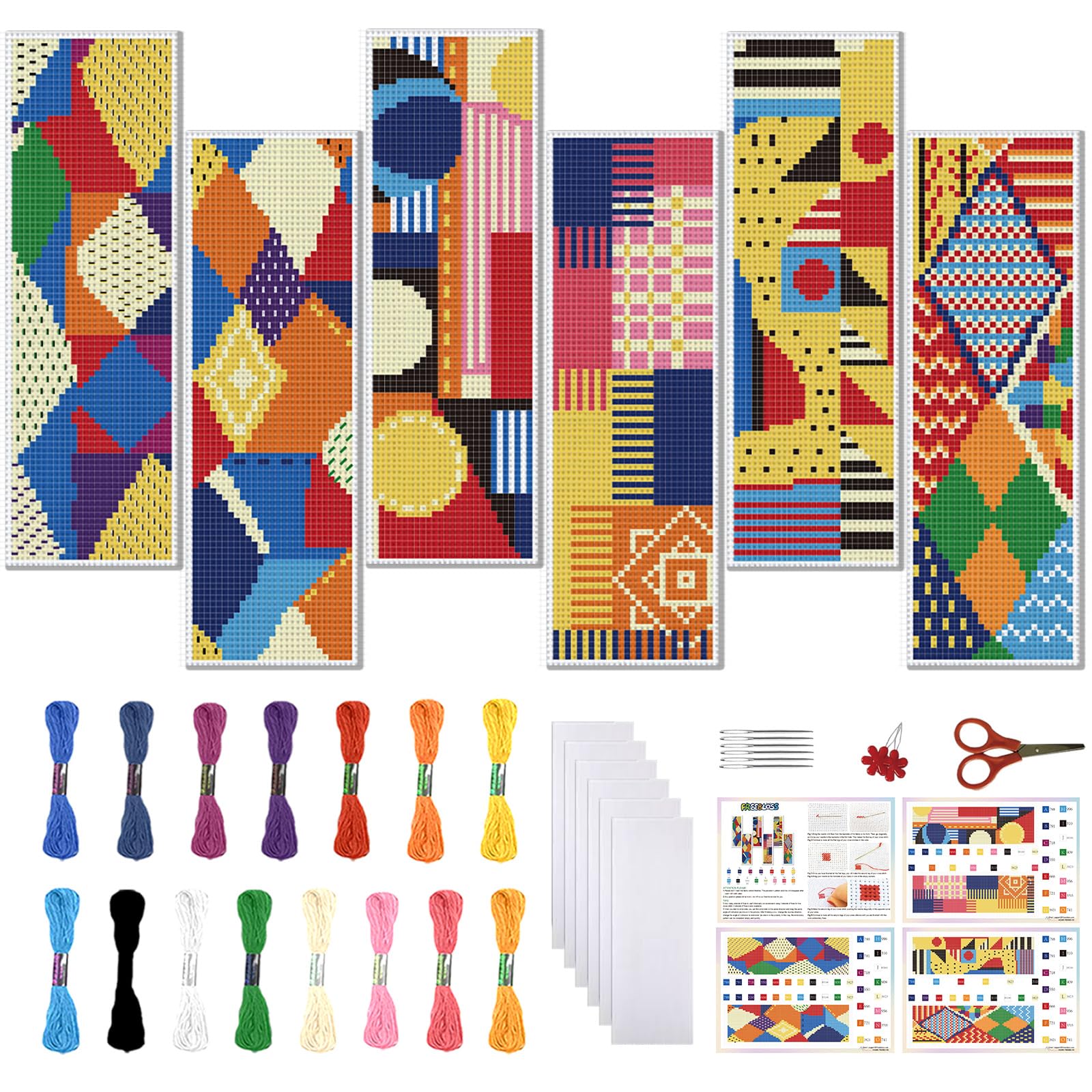 FREEBLOSS 6 Set 11CT Cross Stitch Bookmark Kit Stamped Embroidery Bookmark Set, Abstract Themed DIY Cross Stitch Kit for Adults Beginners with Needles Threader Felt Backing 20x6cm/7.9x2.4 inch