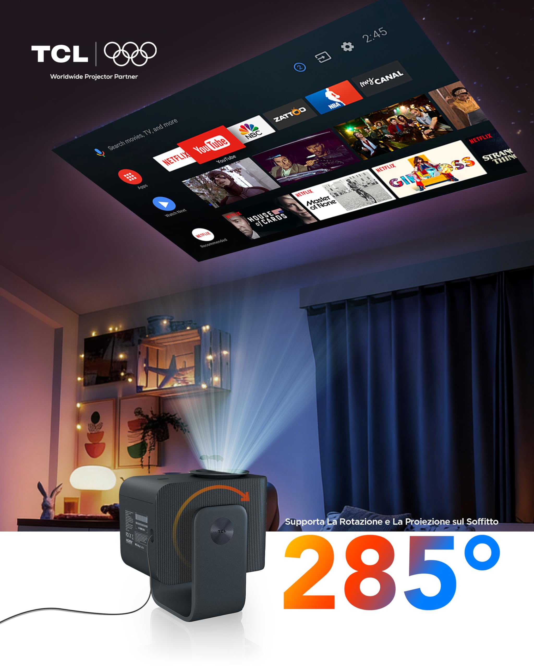 TCL C1 Mini Proiettore Portatile, 4K Supporta, Nativa 1080P, Licenza Netflix Smart Google TV, Con Messa a Fuoco Automatica e Correzione Trapezoidale, Wi-Fi Bluetooth, 8 W Audio Dolby, Rotabile 285°