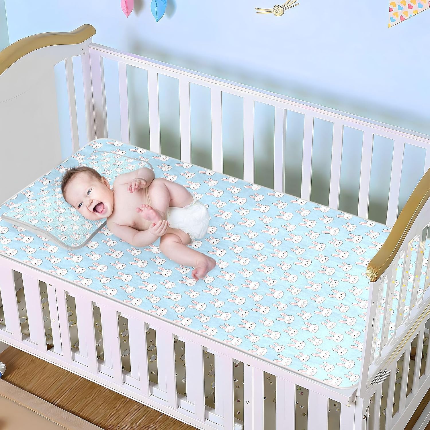 Baby Cooling Mat Cute Bunny Pattern Ice Silk Breathable Mesh Summer Crib Mattress Pad with Pillowcase, Soft Cooling Sleeping Surface for Infant & Toddler, 52"x28"