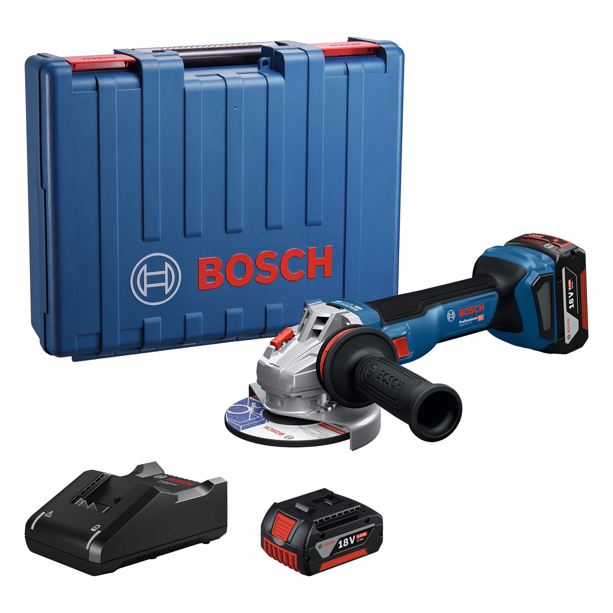 Bosch Professional 18 V firmy Bosch: akumulatorowa szlifierka kątowa GWS 18V-8 (Ø tarczy 125 mm, 2x GBA 4.0Ah, GAL 18V-40, walizka)