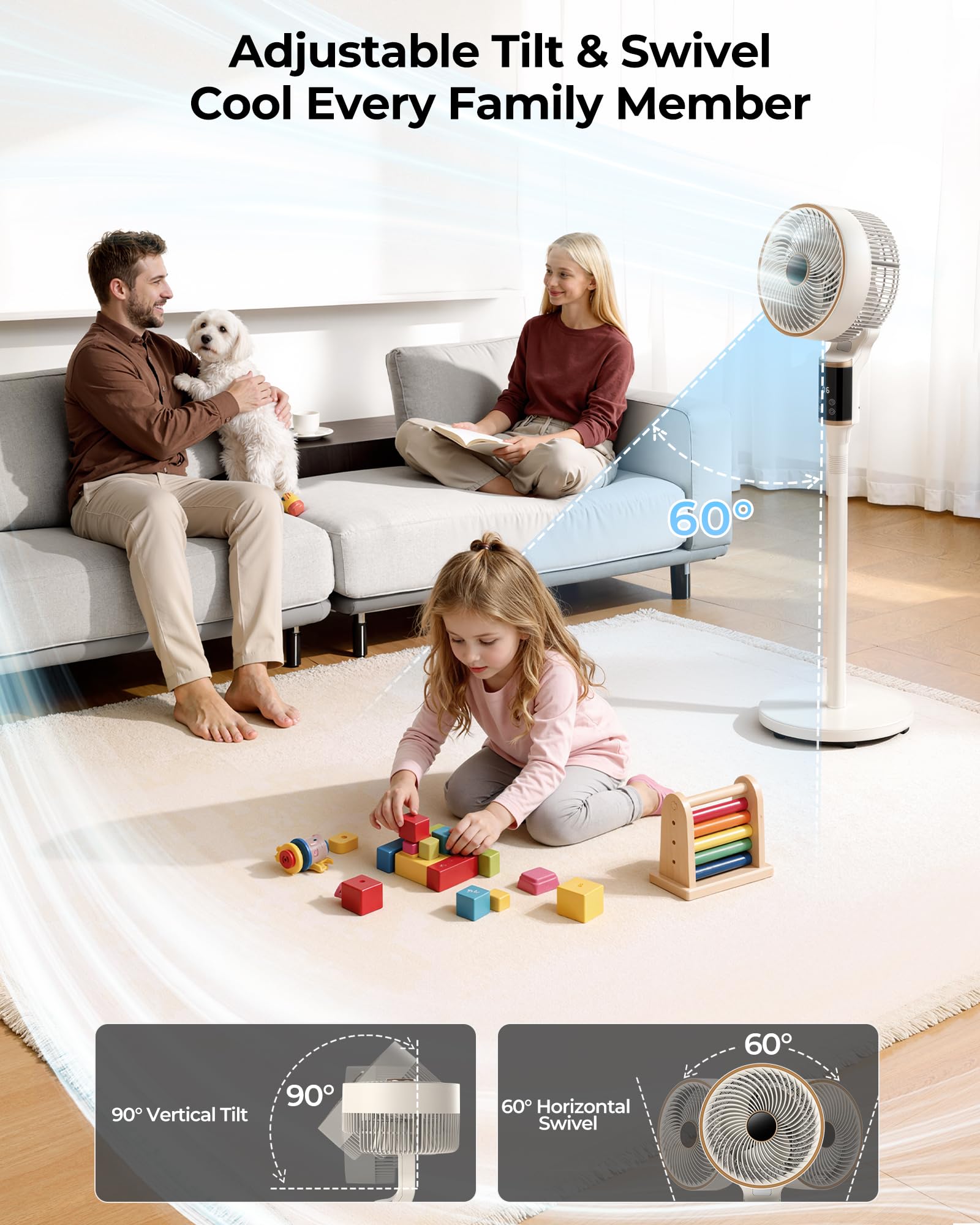 Ventilatore a Piantana Silenzioso, DC Ventilatore Silenzioso Potente con Telecomando 60°+90° Oscillazione , 102CM Altezza ,12 Velocità, Timer 12H Altezza Regolabile (L)