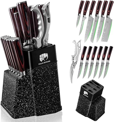 Miniatura 9 de FULLHI Juego de cuchillos de cocina de 14 piezas, cuchillos de chef con bloque y afilador, juego de cuchillos de cocina, mango multicolor, regalos