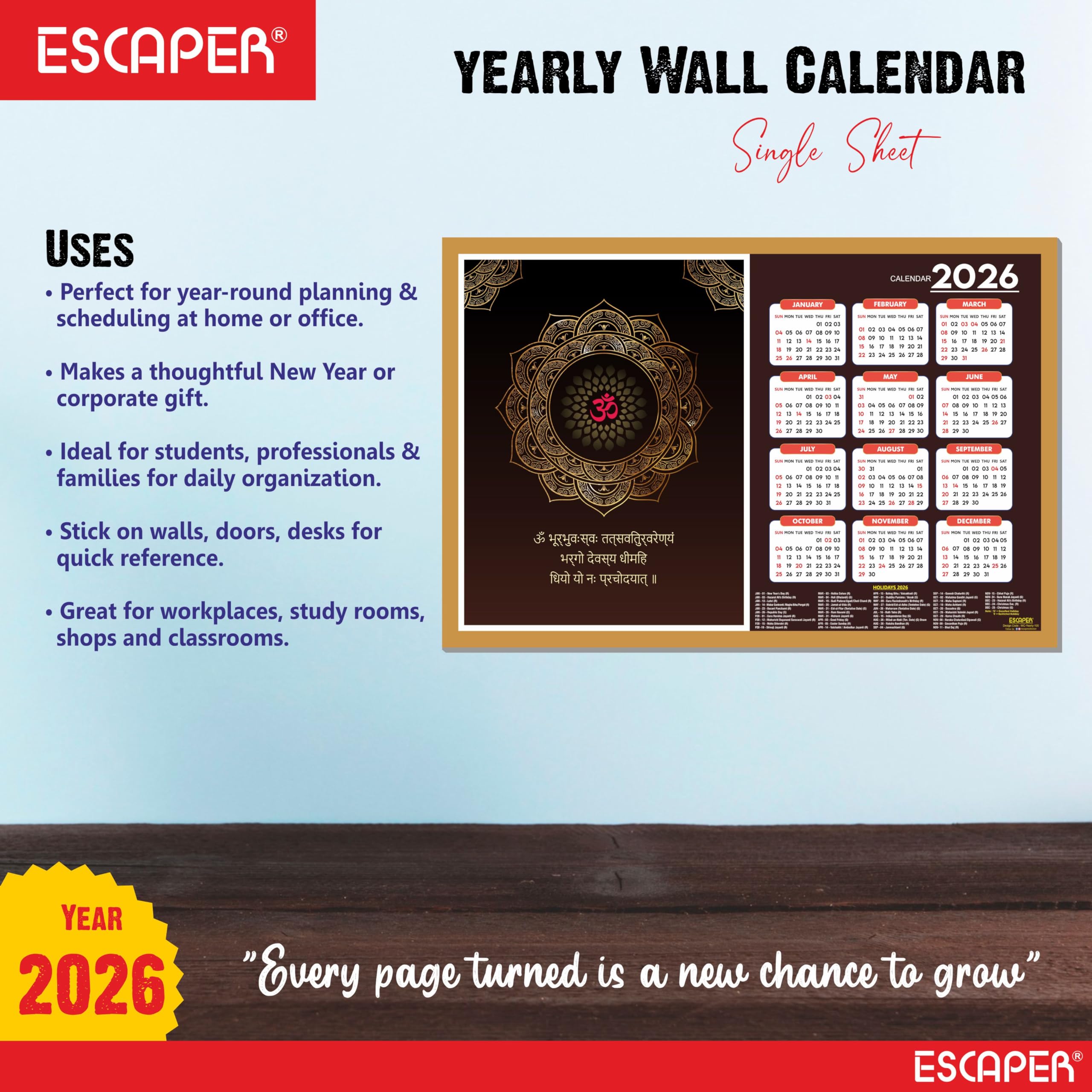 ESCAPER Gayatri Mantra Wandkalender 2026 - 30,5 x 45,7 cm, Meditations- & Yoga-Wandkalender, Yogasana- & Asana-Diagramme, Chakra-Posen, ideal für Yoga-Kurse & Fitnesscenter