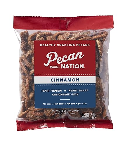 Pecan Nation Mitades de nuez pecana de Georgia tostadas con canela, 16 oz., Natural, Sin conservantes, Ricas en antioxidantes, Sin OMG, Aperitivo