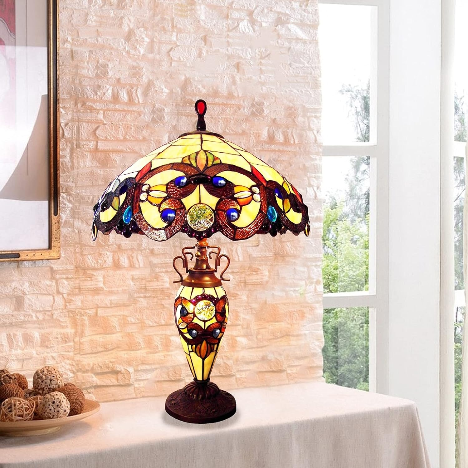 Chloe Lighting Demetra Aurora Victorian Tiffany-Style 3 Light Victorian Double Lit Table Lamp 18" Wide