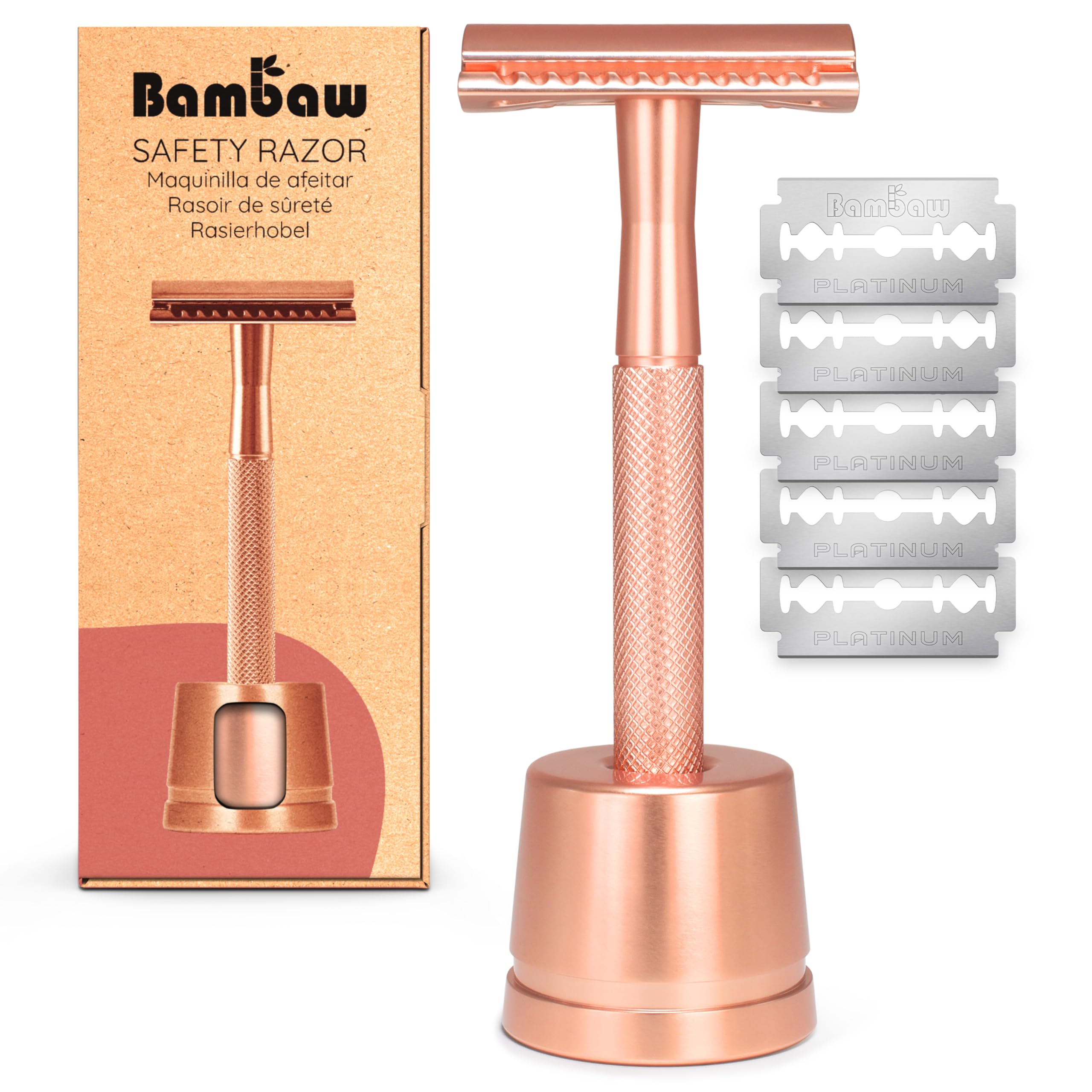 Bambaw Rasoir de Surete Femme en Métal avec Socle et 5 Lames de Rechange en Acier Inoxydable Suédois, Rasoir de Sécurité Femme, Convient à Tous les Types de Peau, Pour un Rasage Délicat (Or Rose)