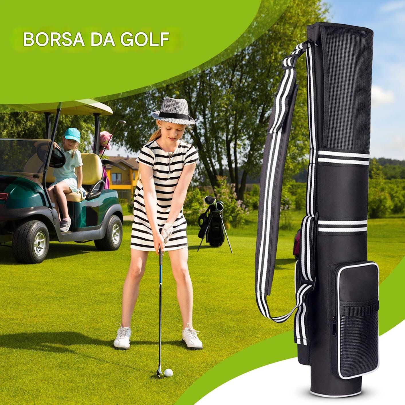 Sacchetto da golf, sacca leggera da golf, custodia da da domenica di viaggio pieghevole, 3-9 bastoncini, design pieghevole e impermeabile, tracolla, cinghia, torneo di allenamento