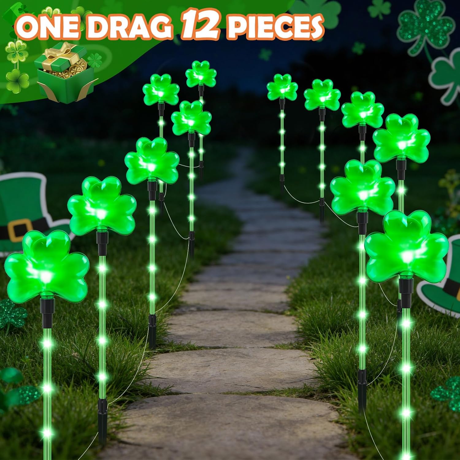 12 Packs Shamrock Pathway Lights Outdoor Decorations for St. Patricks Day, Green Lucky Clover w/ 8 Modes Lighting Auto ON/Off Waterproof Stake Lights for Festive Outside Garden, Yard Decor