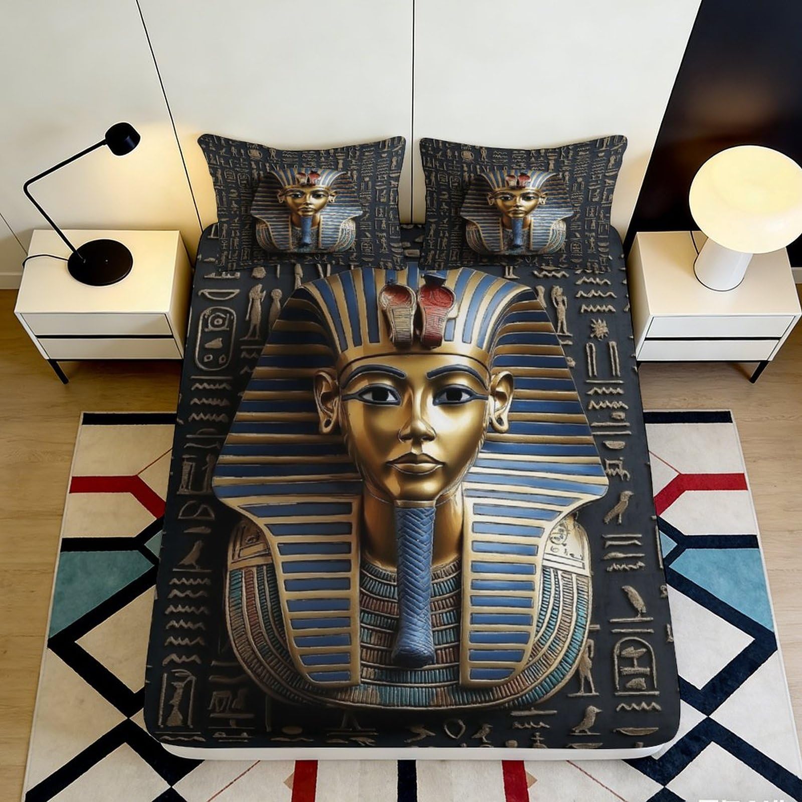 3D Printed Egyptian Pharaoh Fitted Sheet Microfiber Soft Durable Ancient Mask Bed Cover for Bedroom Dormitory Guest Room Mattress Protection Decor 180x200x25cm