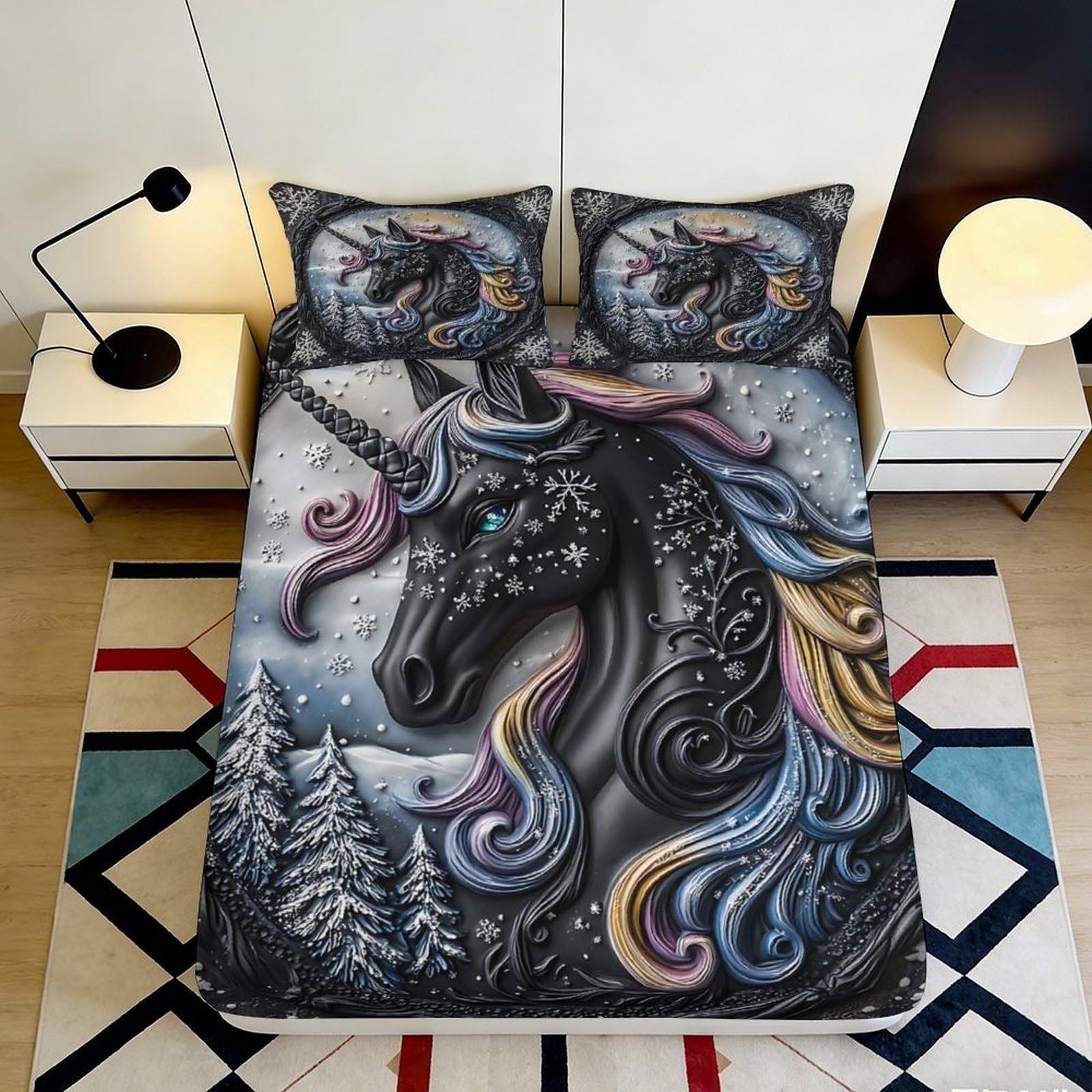 3D Printed Fantasy Black Unicorn Fitted Sheet Microfiber Soft Breathable Night Forest Bed Cover for Bedroom Decor 90x200x25cm