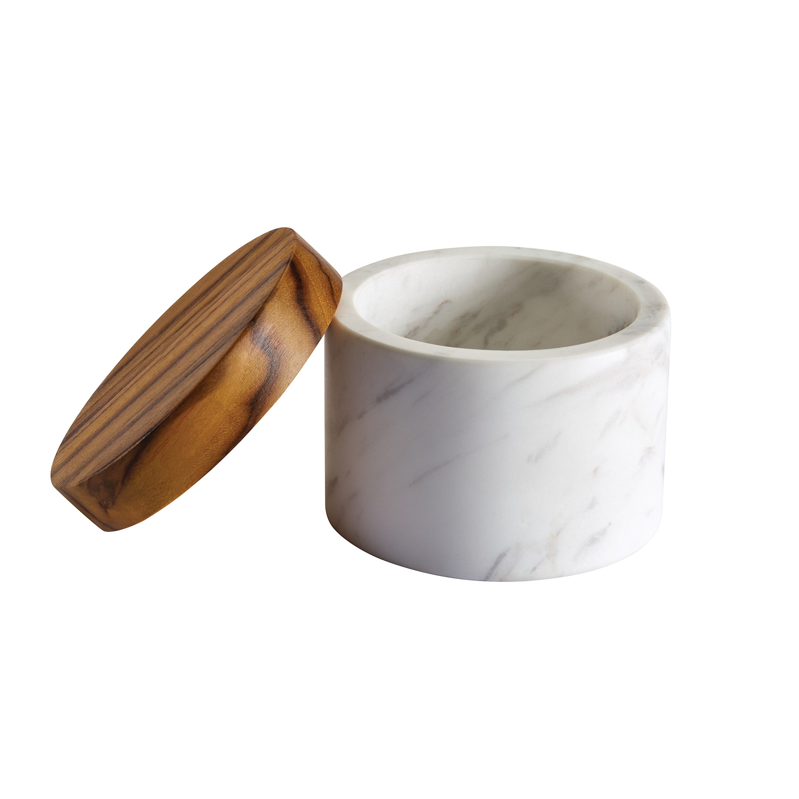 Anolon Pantryware Marble Salt Cellar with Teak Lid / Marble Salt Box with Teak Lid - 5.25 Ounce , White