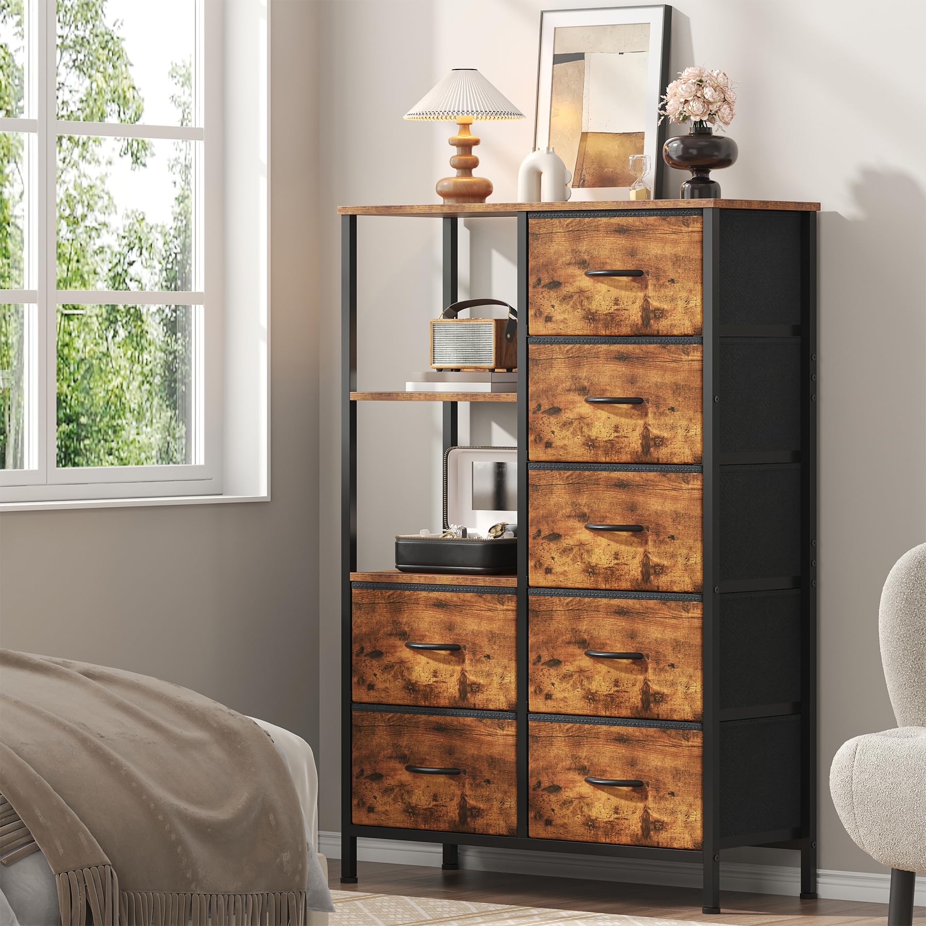 Chest of Drawers Bedroom Tall Storage Cabinet Unit Dresser Bedroom Furniture Cupboards for Living Room-Metal Frame