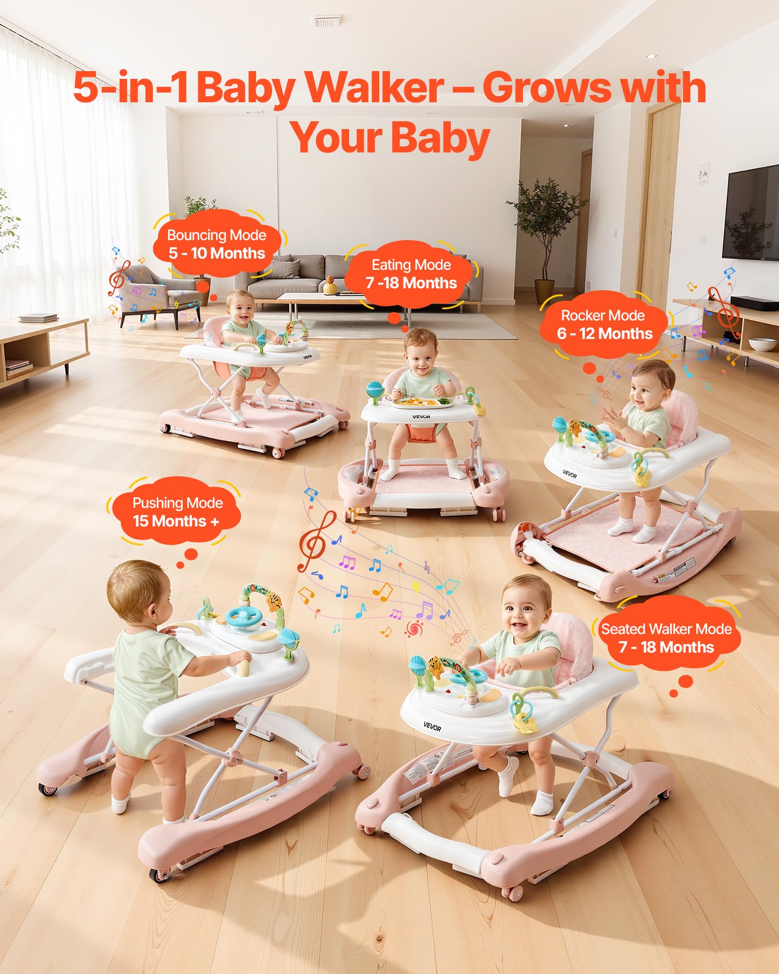 VEVOR Andador 5 en 1, Centro de Actividades Plegable con Ruedas, con Altura Ajustable y Cómodo Asiento de Respaldo Alto, Ayuda Antivuelco para Niños de 6 a 24 Meses, 720 x 665 x 530 mm, Rosa