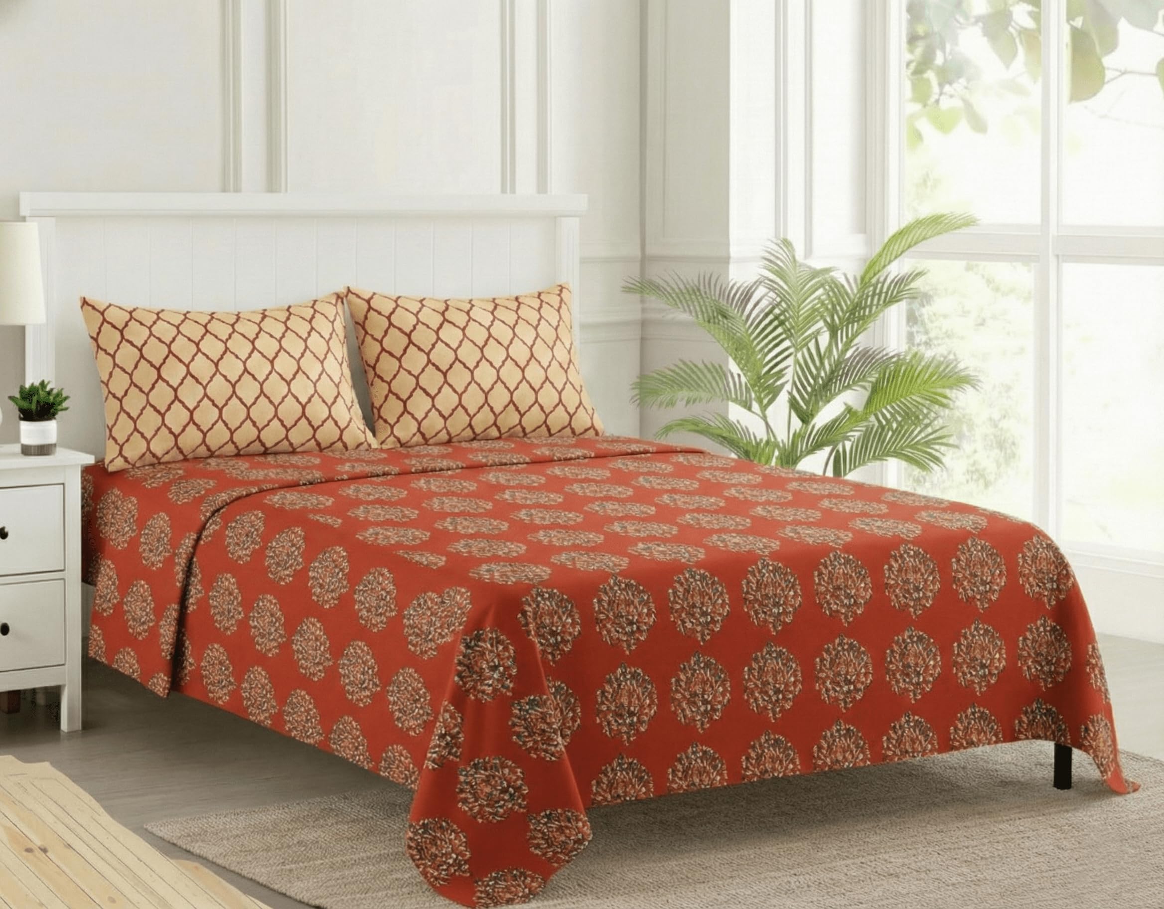 Trance Home Linen 100% Cotton King Size Bedsheet for Double Bed, 1 Sheet (108x108 Inches) With 2 Pillow Covers | 200 TC (9x9 Feet | Damask & Dori - Clay Red)