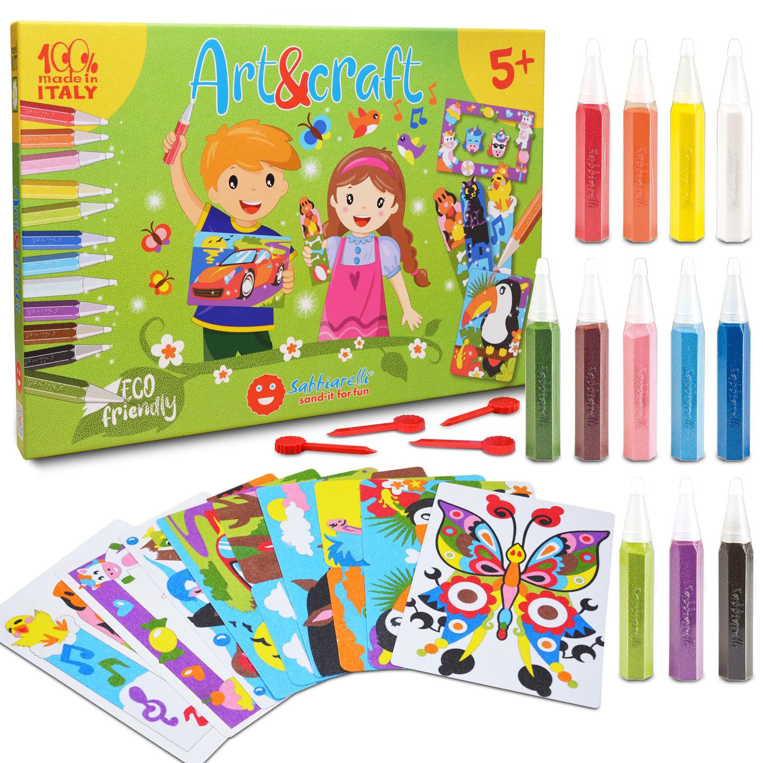 Sabbiarelli – Maxi Kit Art&Craft 5+ | Set de Sand Art con Motivos Variados | Dibujos y Láminas, Arena de Colores y 4 Espátulas | 100% Made in Italy | Niños 5-12 años