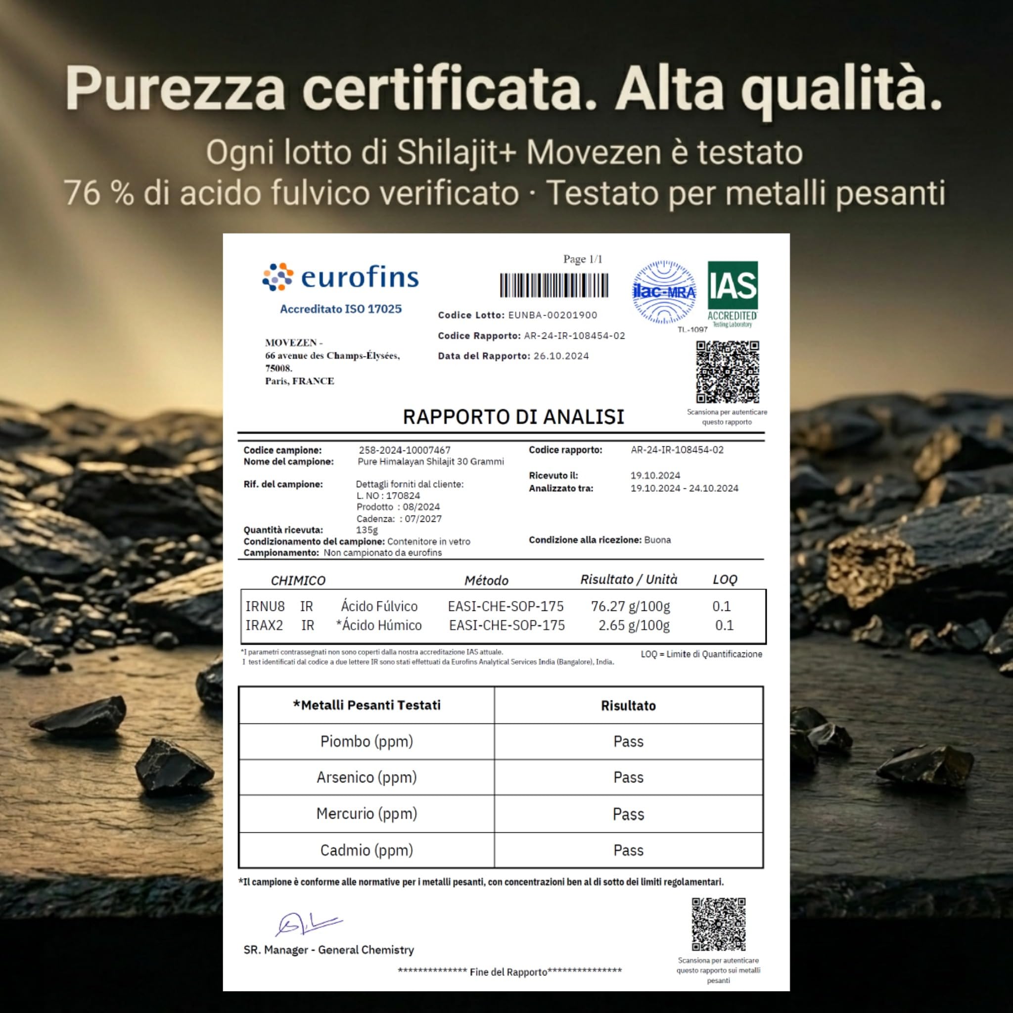 Shilajit Puro Movezen 30 g, Resina Pura di Shilajit +, >75% Acido Fulvico Testato Eurofins, Origine Himalaya Fino a 5000 M, Ricco di Minerali, Senza Additivi, Qualità, 50 Giorni, Cucchiaino Incluso