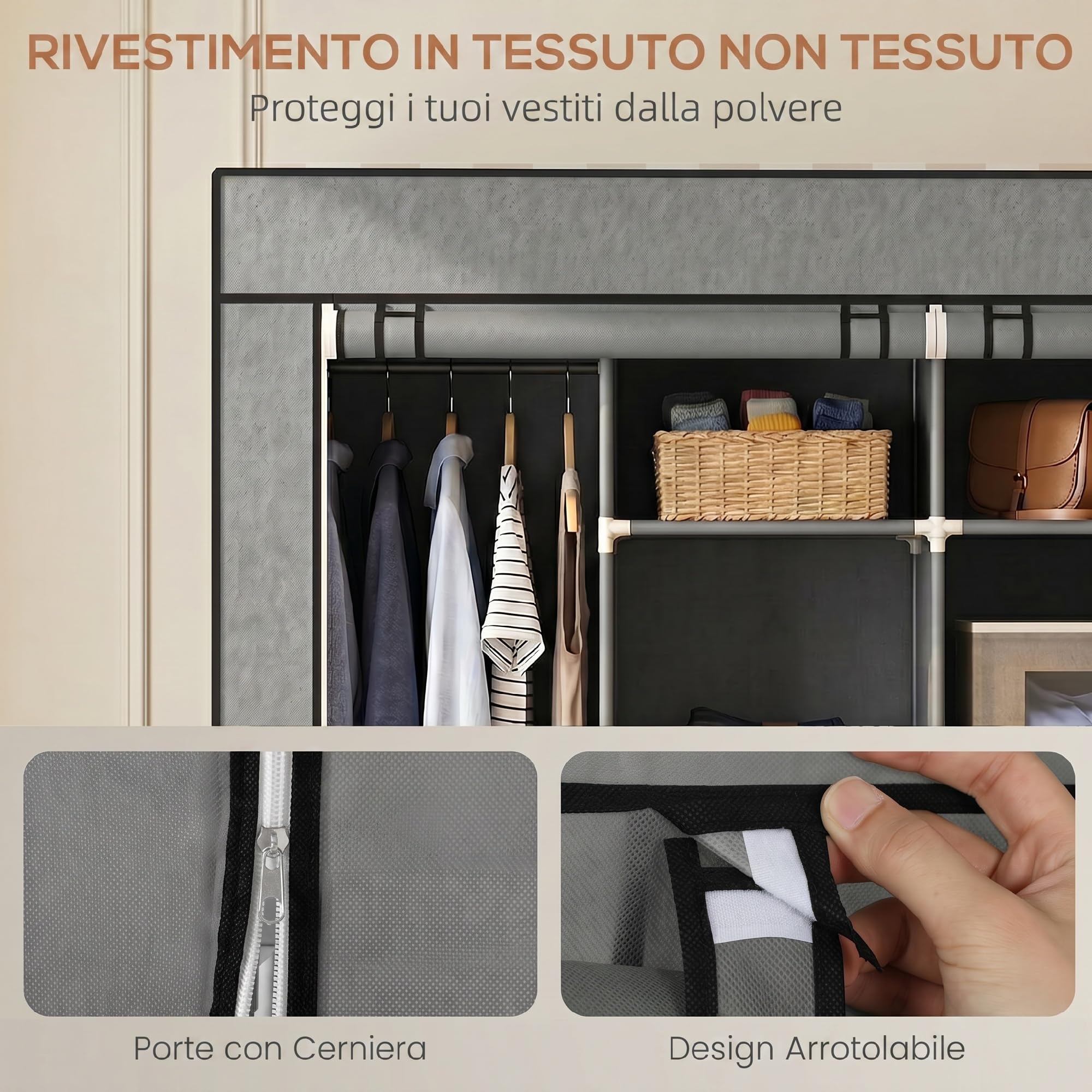 HOMCOM Armadio Portatile Guardaroba Ruote 166x42.5x167cm Grigio Scuro | Tessuto non Tessuto e Acciaio, 10 Scomparti, 2 Barre Appendiabiti, Ante a Cerniera