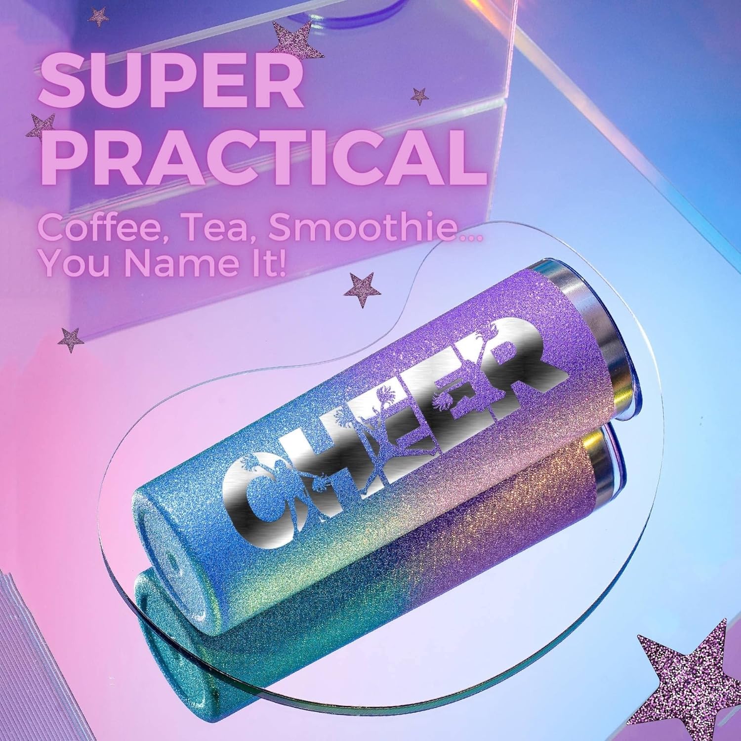 Onebttl Cheerleader Glitter Tumbler Gifts For Girls - Cheer - 20oz/590ml Stainless Steel Insulated Tumbler with Straw, Lid - Gift for Cheerleading, Coach or Cheer Squad - (Purple-Blue Gradient) - Image 3