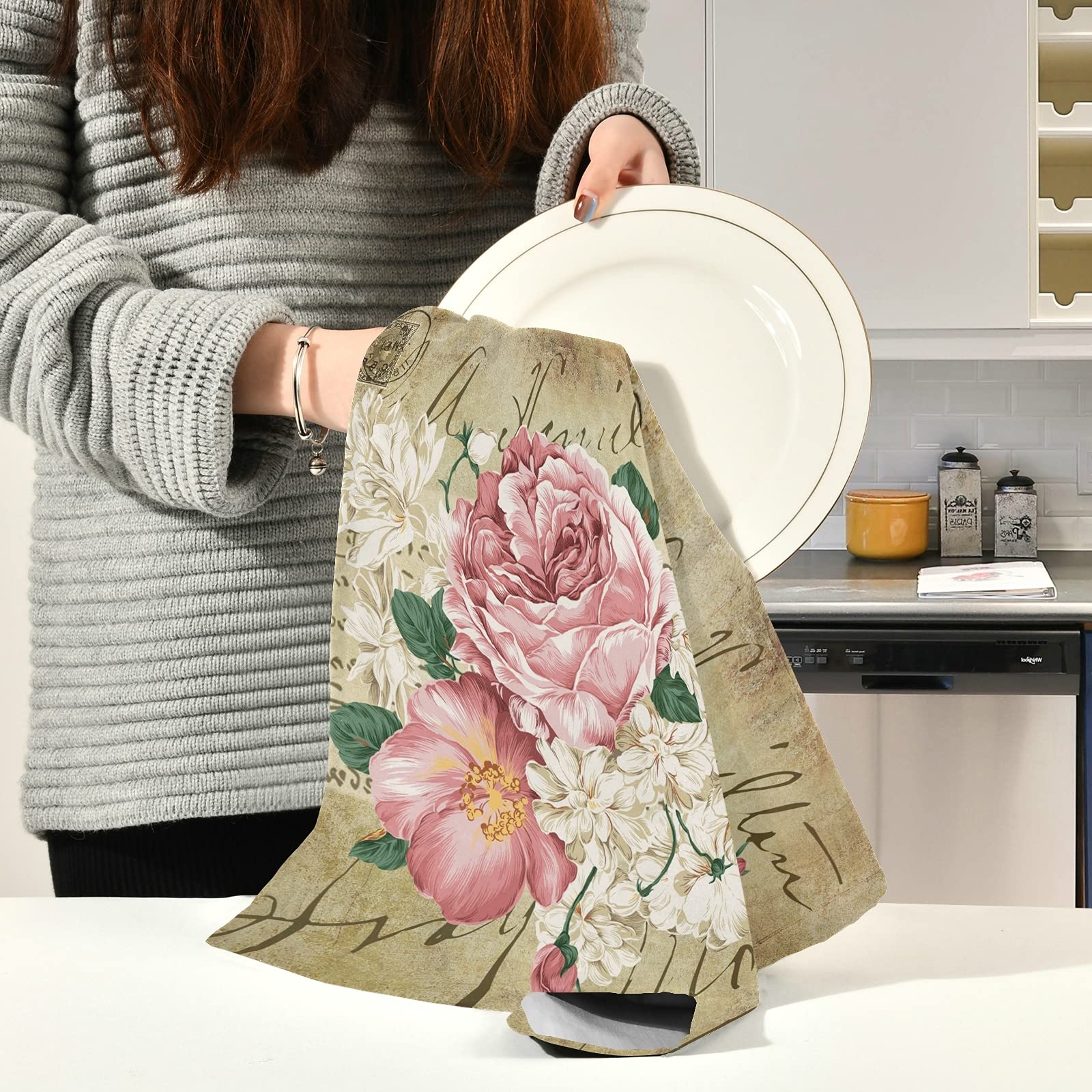 ALAZA Vintage Shabby Chic Dish Towels - Super Absorbent Kitchen Towels Set Of 6, Pink Rose Floral - View #2