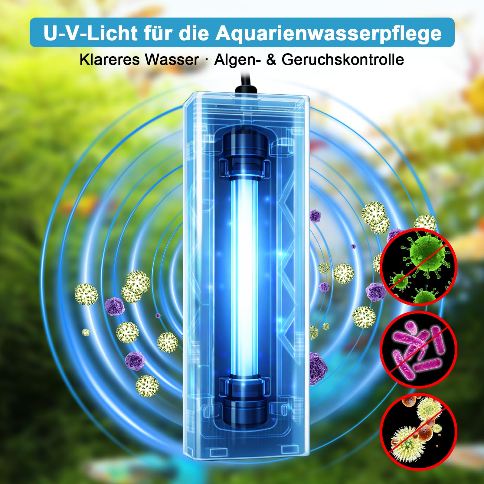 Aquarium UV Sterilisator 6W mit Timer, Vollständig Tauchfähig, Quarzversiegelt zur Abtötung von Bakterien & Algen, für 49–161L Aquarien