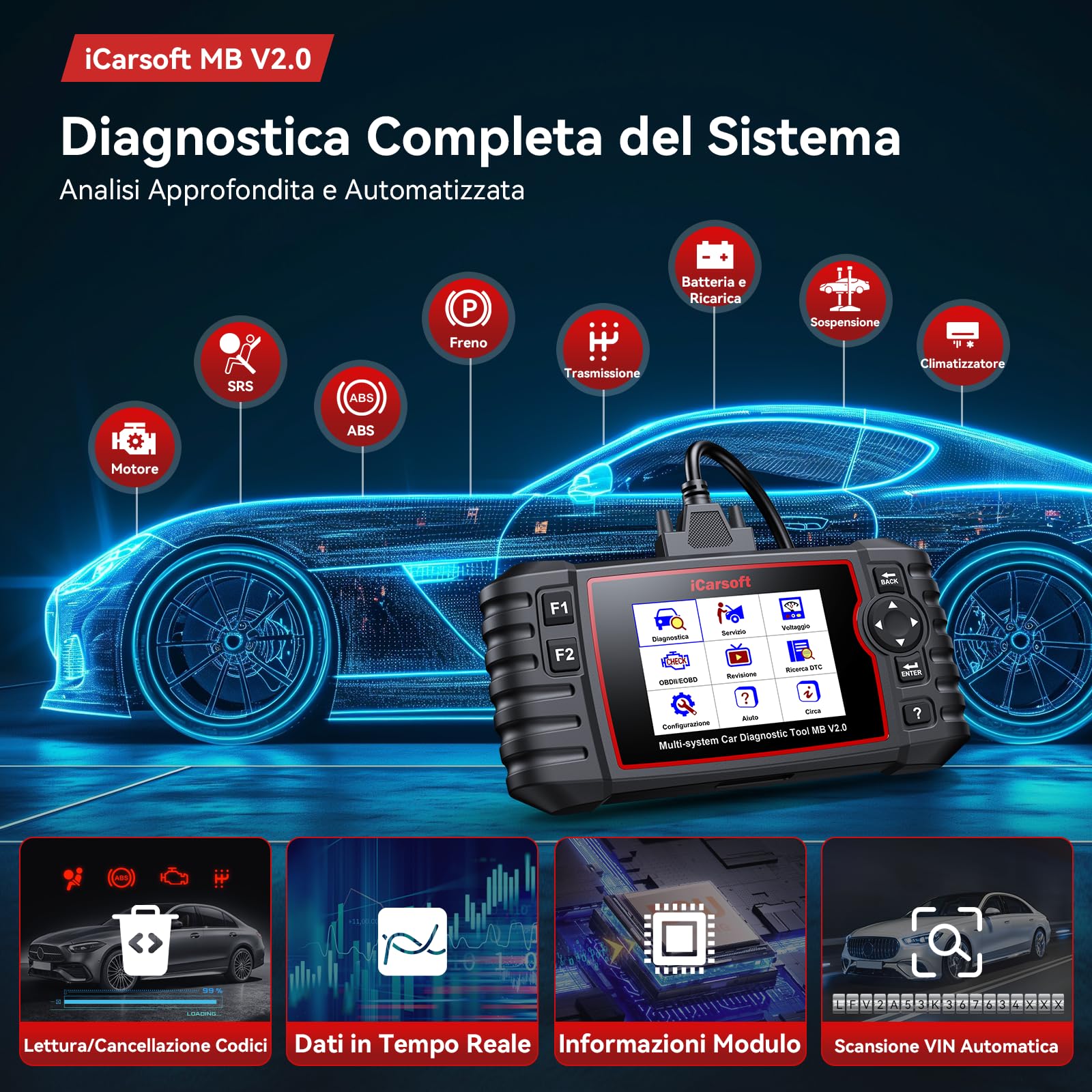 iCarsoft MB V2.0 OBD2 Auto Diagnostica per Ben.z/Sprinter/Smart, Diagnosi Auto in Italiano per Tutti i Sistemi, 9 Funzioni di Ripristino, Olio/EPB/BMS/ETC/SAS/INJ/TPMS/DP-F/ABS, Aggiornamento a Vita