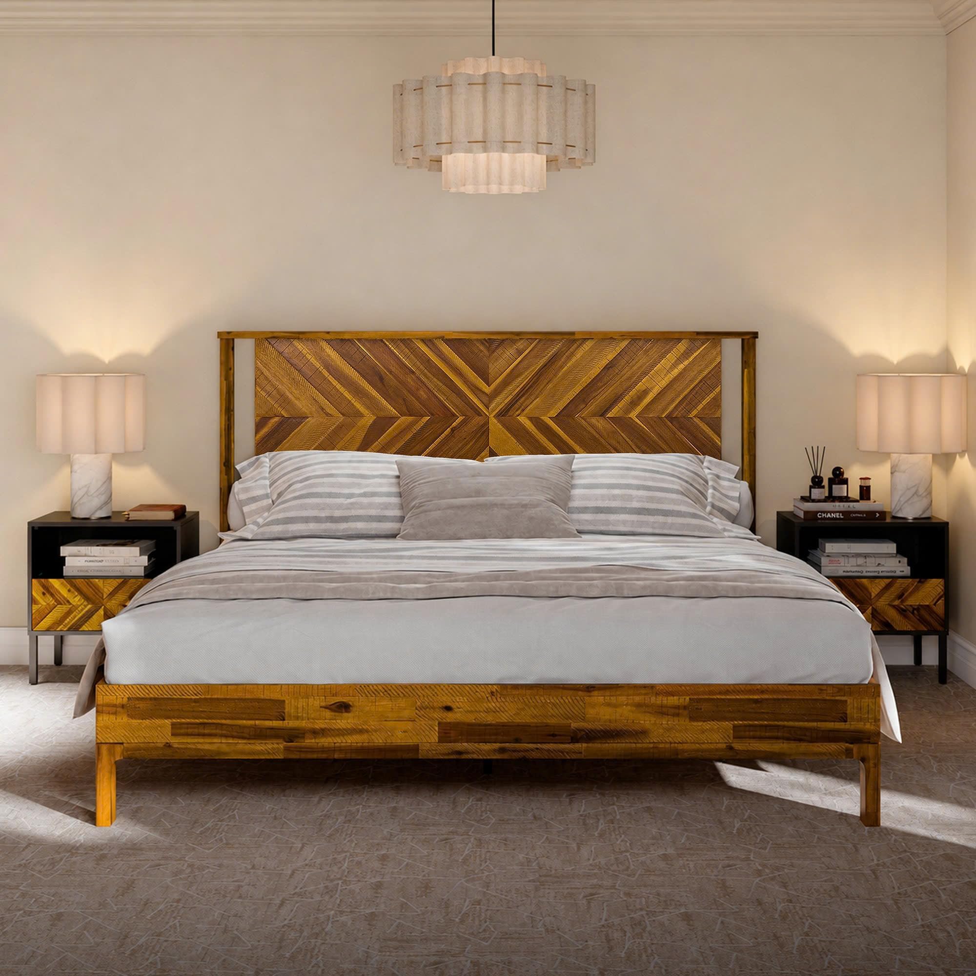 Bme Vivian 14 Inch Deluxe Bed Frame with Headboard, Rustic & Scandinavian Style with Solid Acacia Wood, No Box Spring Needed, 12 Strong Wood Slat Support, Easy Assembly, King, Rustic Golden Brown
