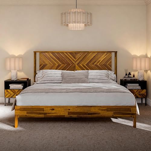Bme Vivian 14 Inch Deluxe Bed Frame with Headboard, Rustic & Scandinavian Style with Solid Acacia Wood, No Box Spring Needed, 12 Strong Wood Slat Support, Easy Assembly, King, Rustic Golden Brown