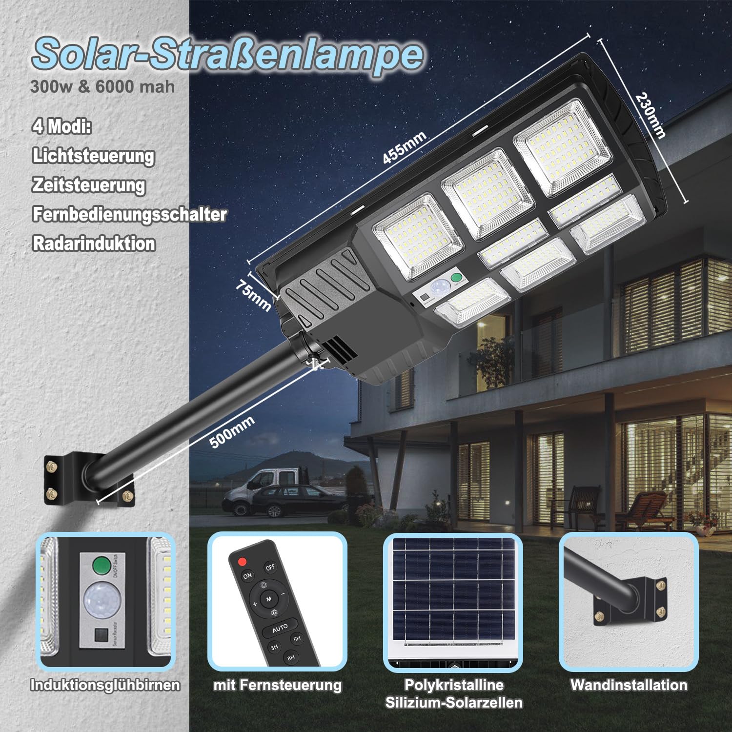 LED Solar Straßenlaterne 300W, Solarlampen für Außen, Solarbetriebene 6500K Straßenlampe Wandleuchte mit Bewegungsmelder Sensor, Außen Wegeleuchte im Freien Straßenleuchte,4 Stück