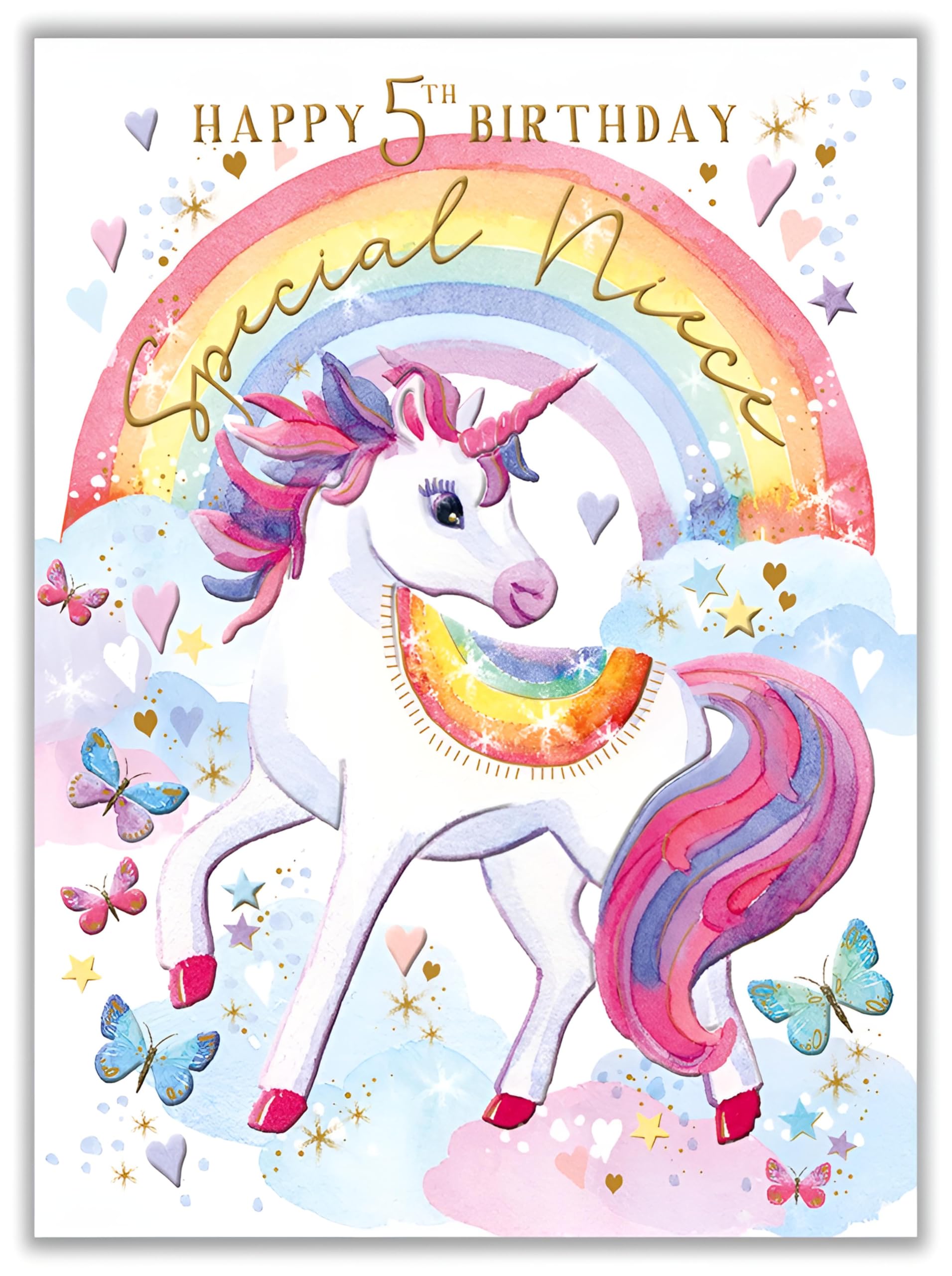 Biglietto di auguri per il 5° compleanno della nipote, per nipote speciale, età 5 anni, grazioso unicorno e arcobaleno, prodotto nel Regno Unito, ecologico
