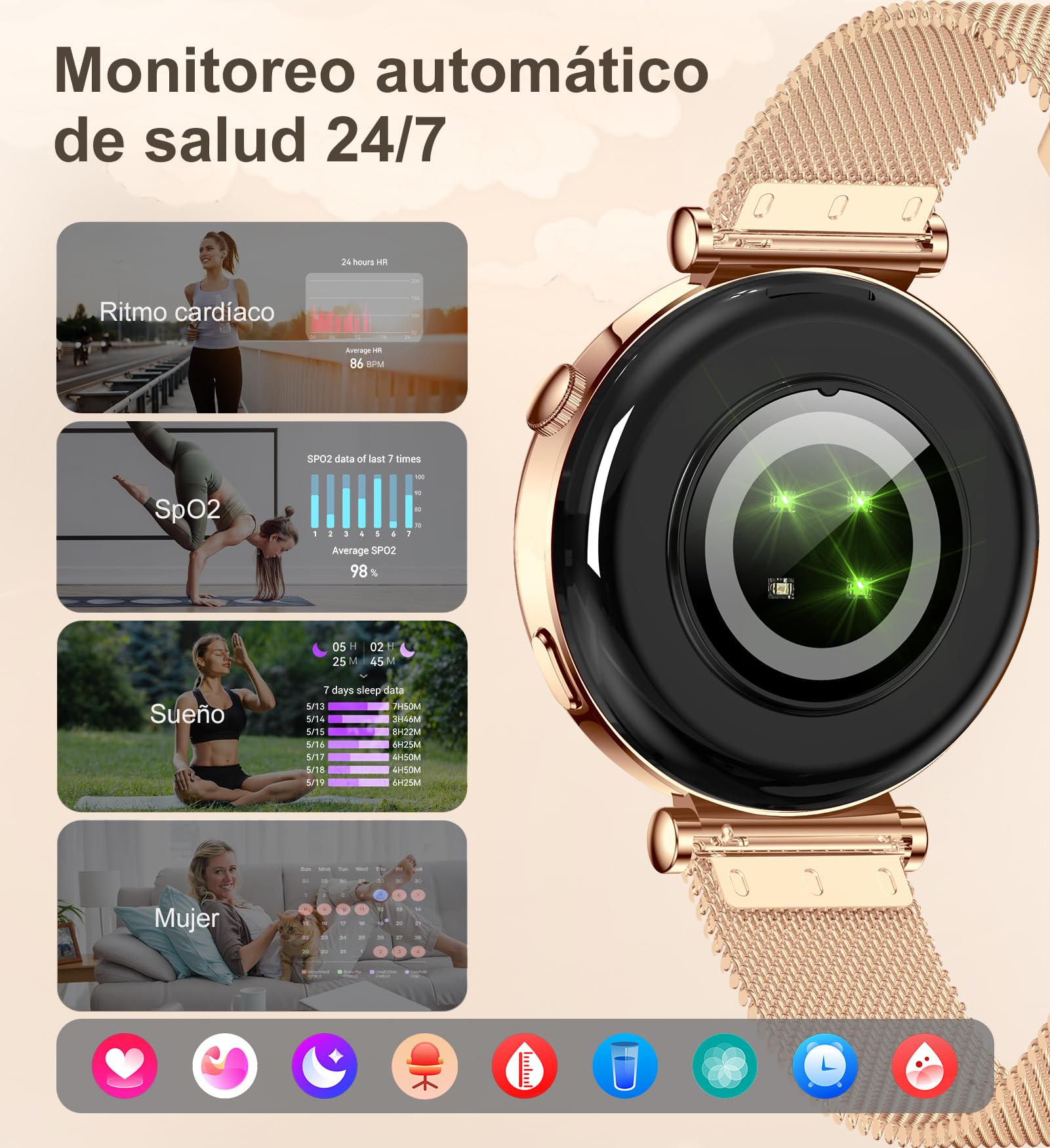 Reloj Inteligente Mujer Pequeño, Smartwatch Mujer Redondo 1.27" 41mm con Llamadas, 3 Correas, Pulsera Actividad con 100+ Modos Deportivos Pulsómetro Sueño Cuenta Pasos para Android & iPhone, Rosa Oro