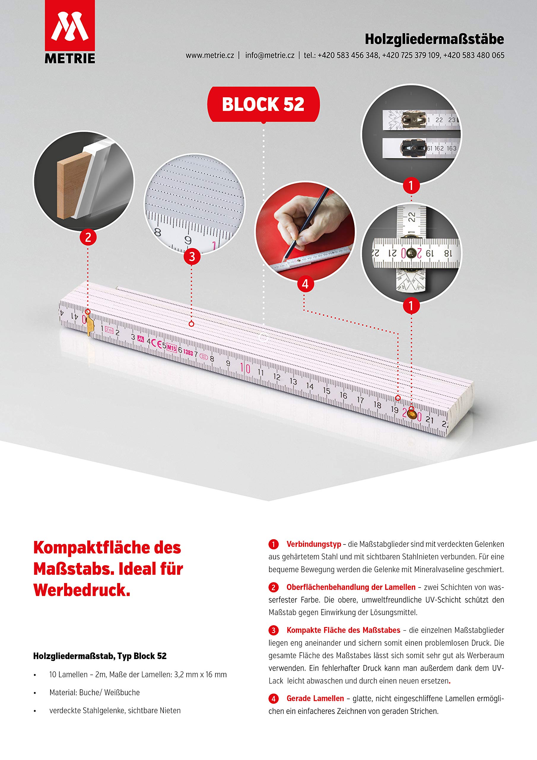 Regla plegable de madera Metrie™ BL52 | Regla plegable de 2 m de largo | Regla métrica con graduación dúplex - Azul claro y blanco
