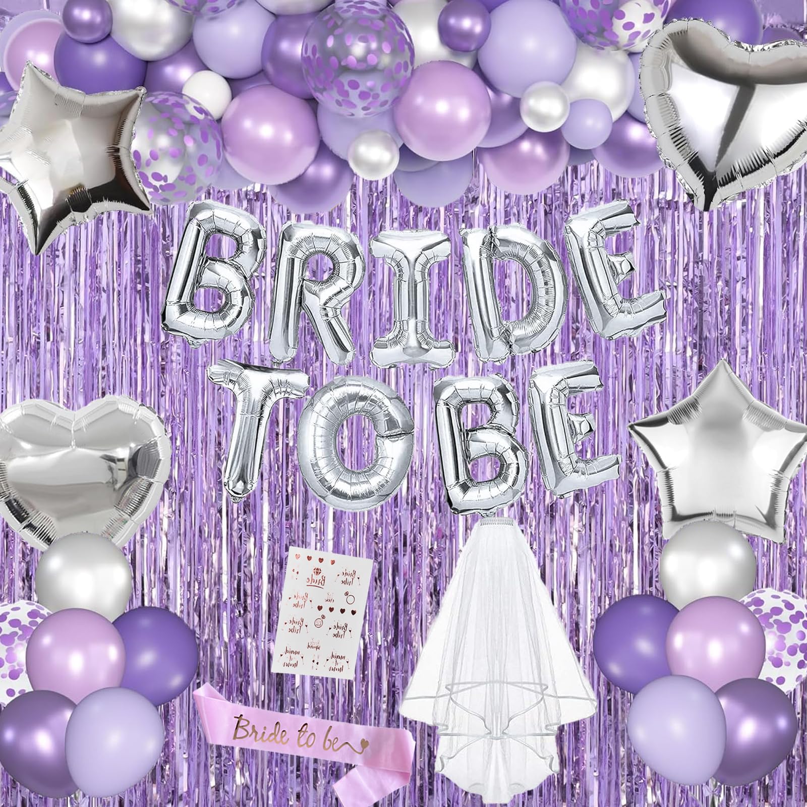 Decoraciones moradas para despedida de soltera, decoración de despedida de soltera con banda de novia, velo, tatuajes temporales, globos de confeti, cortina de flecos, decoración de fiesta de boda