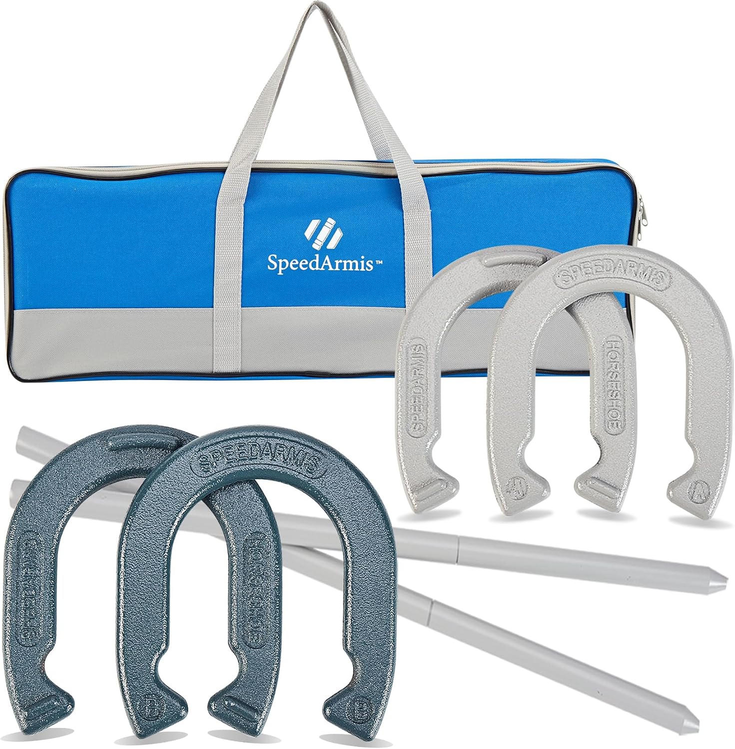 Horseshoes Outside Game Set - Universal Size Lawn Horseshoes Outdoor Games for Parties Beach Backyard, Includes 4 Horseshoes, 2 Steel Stakes and Durable Carrying Bag Blue and Silver