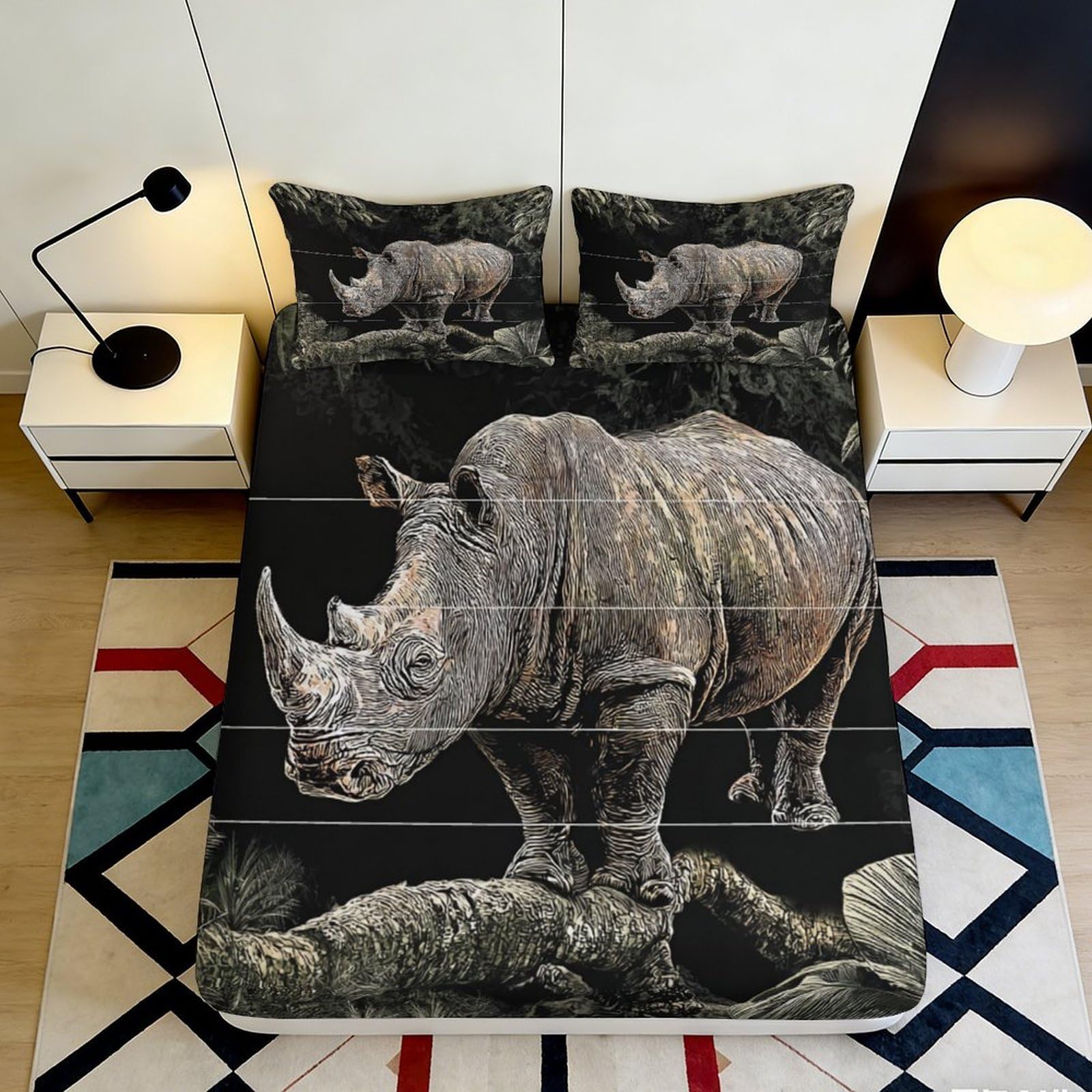 3D Printed Rhinoceros Fitted Sheet Microfiber Soft Durable Rhino Pattern Mattress Cover for Bedroom Dormitory Guest Room Mattress Protection 200x200x25cm
