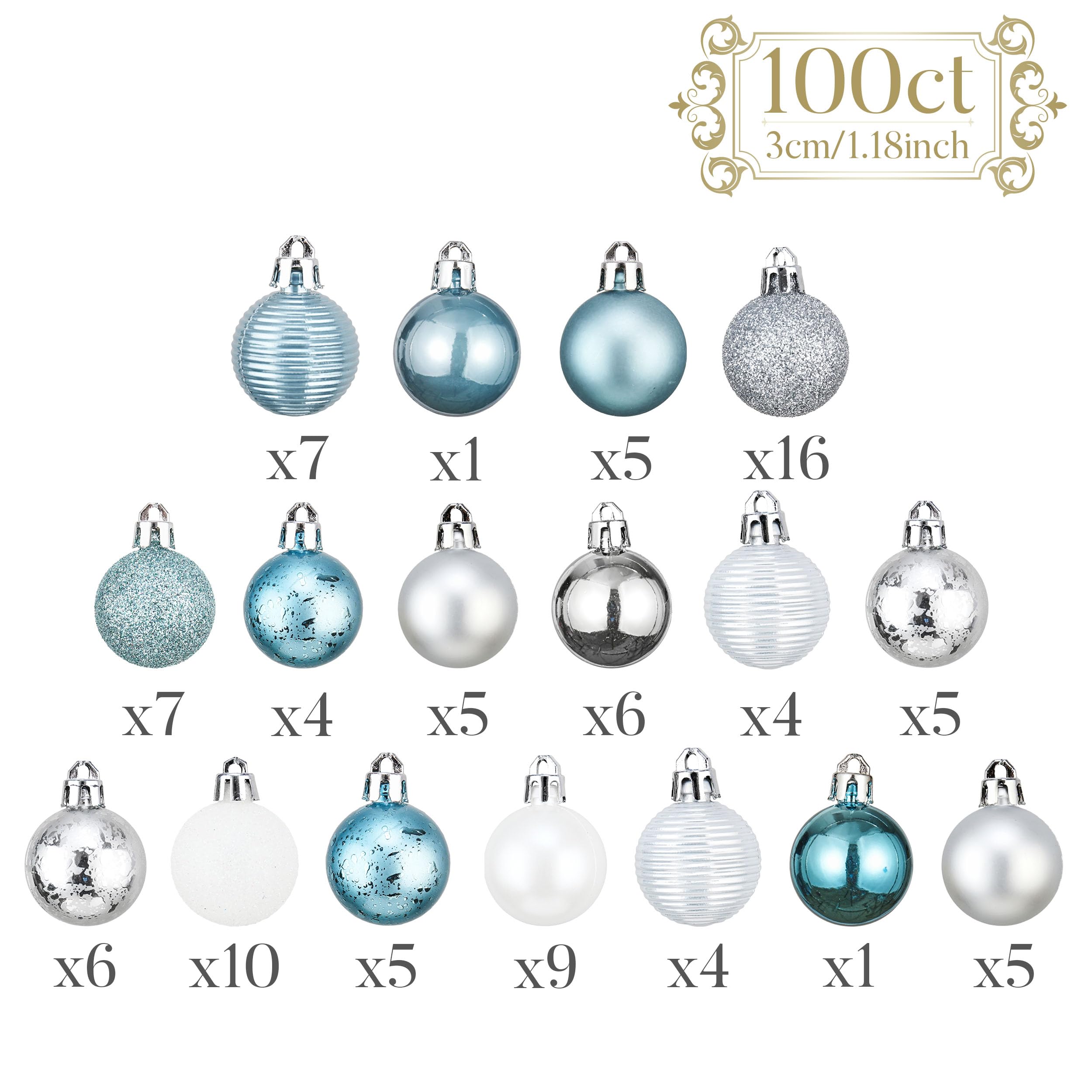 Valery Madelyn Lot de 100 boules de Noël incassables Motif Winter Wishes Argenté et bleu 30 mm