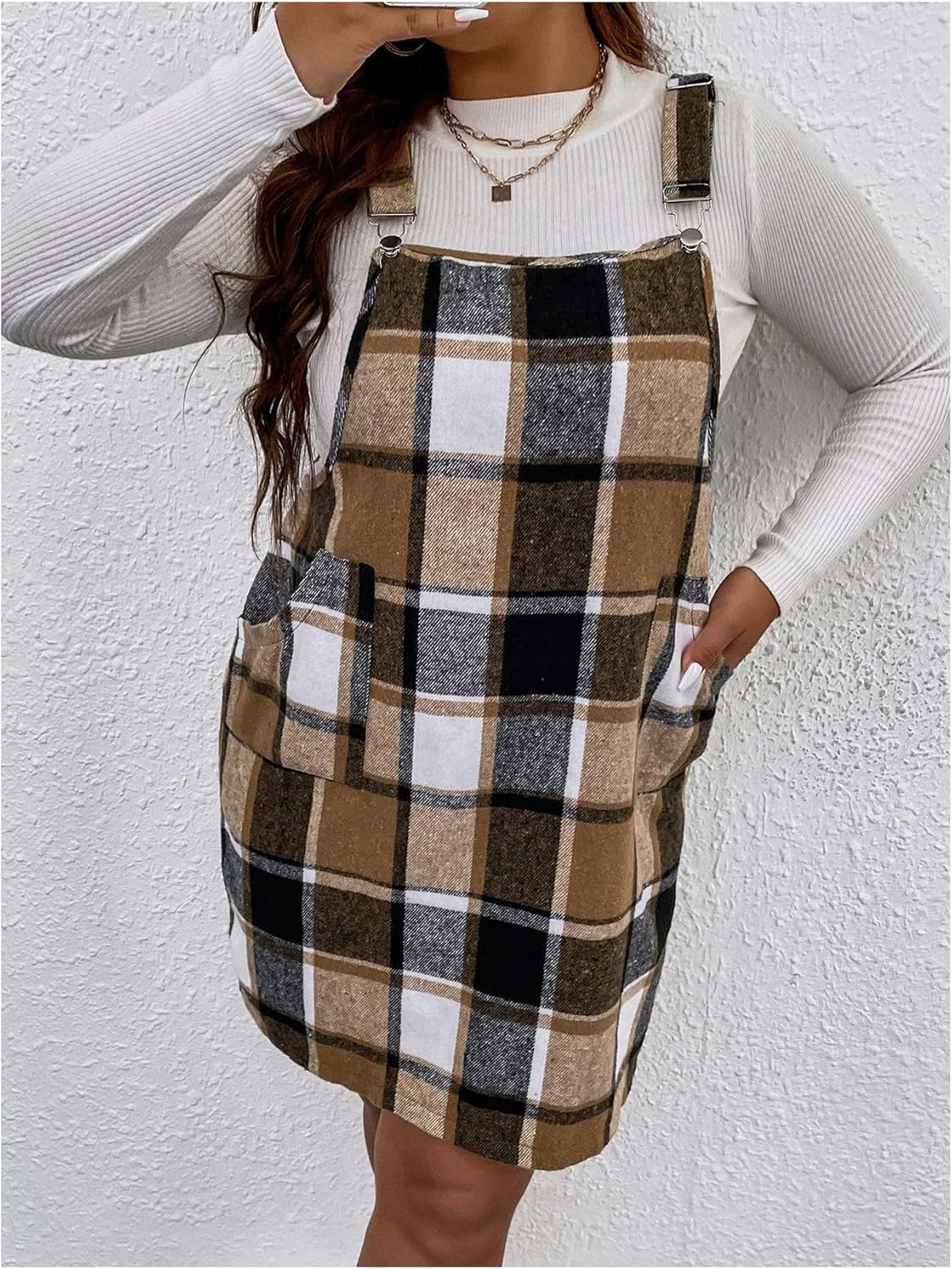 Floerns Women's Plus Size Plaid Print Overalls Suspender Skirt Fall Pinafore Dress - Image 3