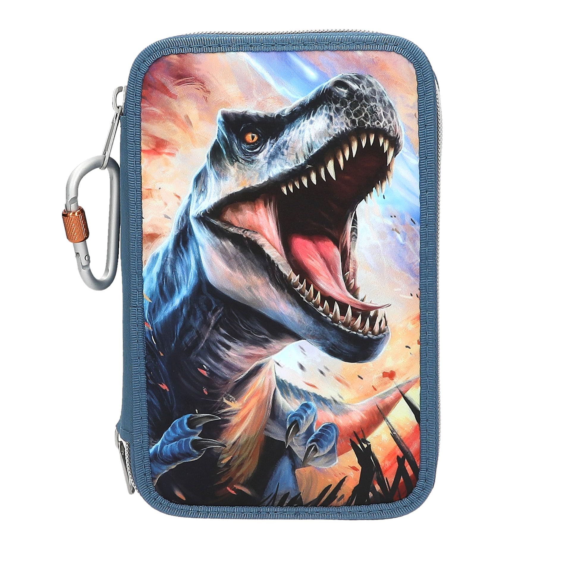 Depesche 13982 Dino World - Filled 3-Compartment Pencil Case in Blue, with T-Rex Motif on Flame Background, Pencil Case with Colouring Pencils, Scissors, Ruler, etc.