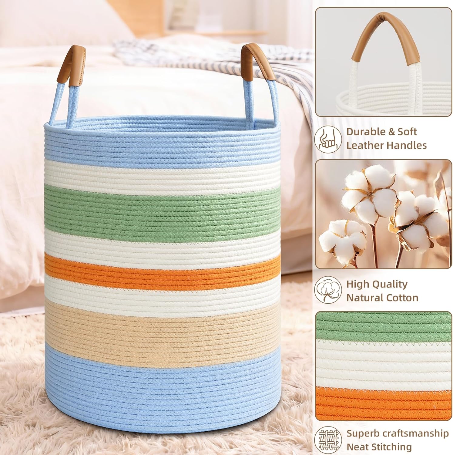 60L Striped Laundry Basket, Rainbow Laundry Hamper with Leather Handles, Woven Cotton Rope Storage Bin for Blankets, Nursery Hamper for Clothes, Toys In Bathroom, Livingroom, Bedroom