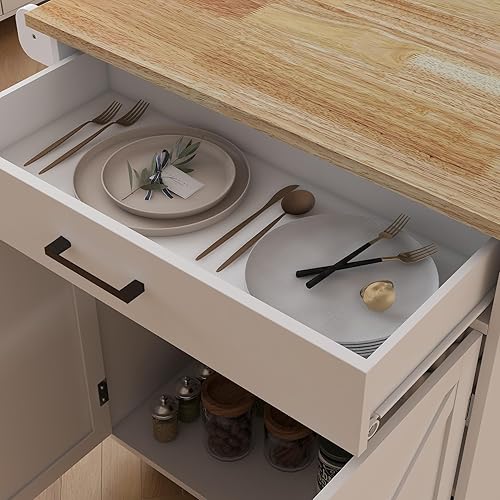 Miniatura 5 de RASOO Isla de cocina con almacenamiento, carrito de cocina blanco rodante sobre ruedas, estante ajustable, carrito de isla de madera maciza de goma