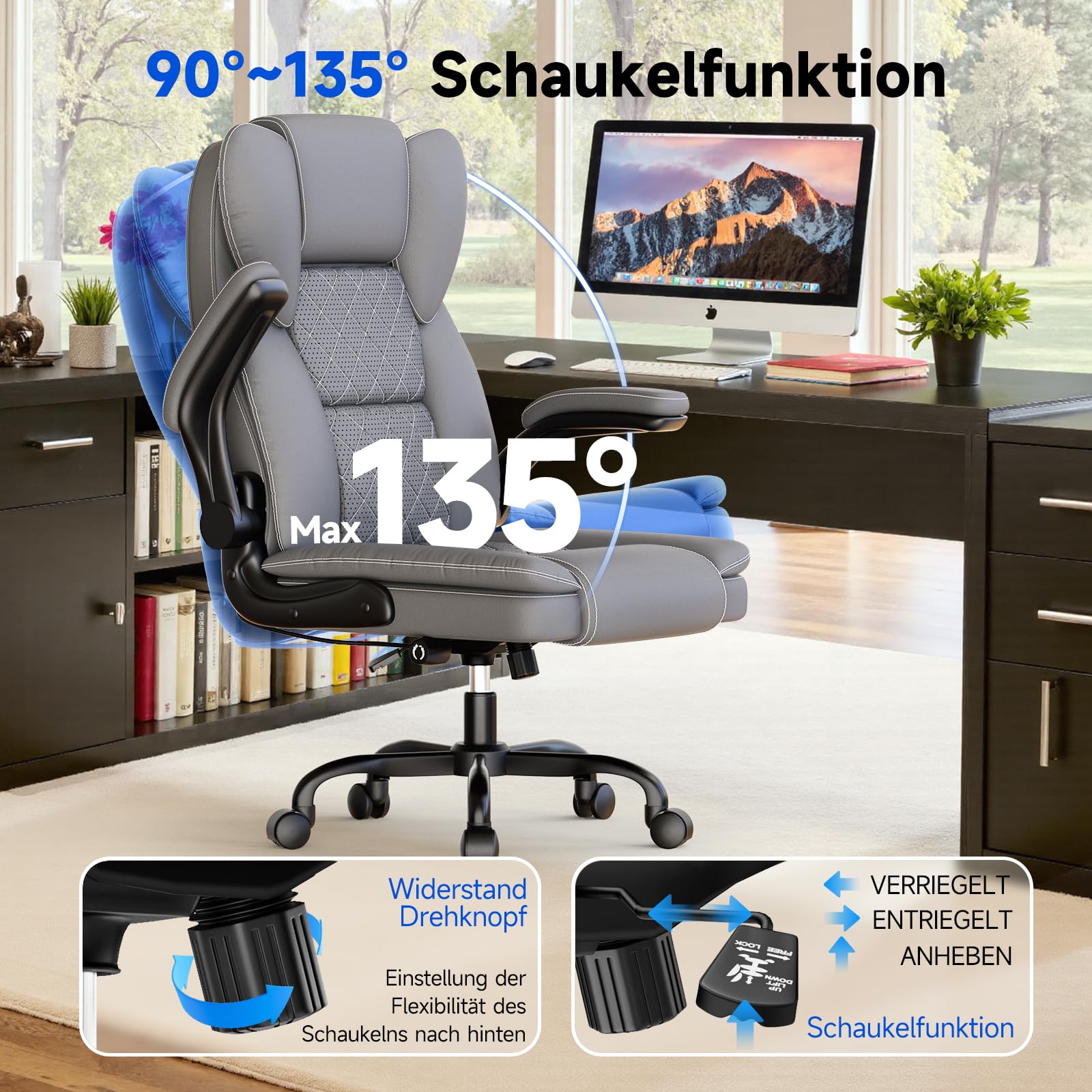 rattantree Bürostuhl, Großer Ergonomischer Bürostuhl mit Verstellbarer Lendenwirbelstütze, PU Leder Chefsessel, Drehstuhl mit Hochklappbaren Armlehnen, Liegestuhl für Büro und Zuhause, Grau
