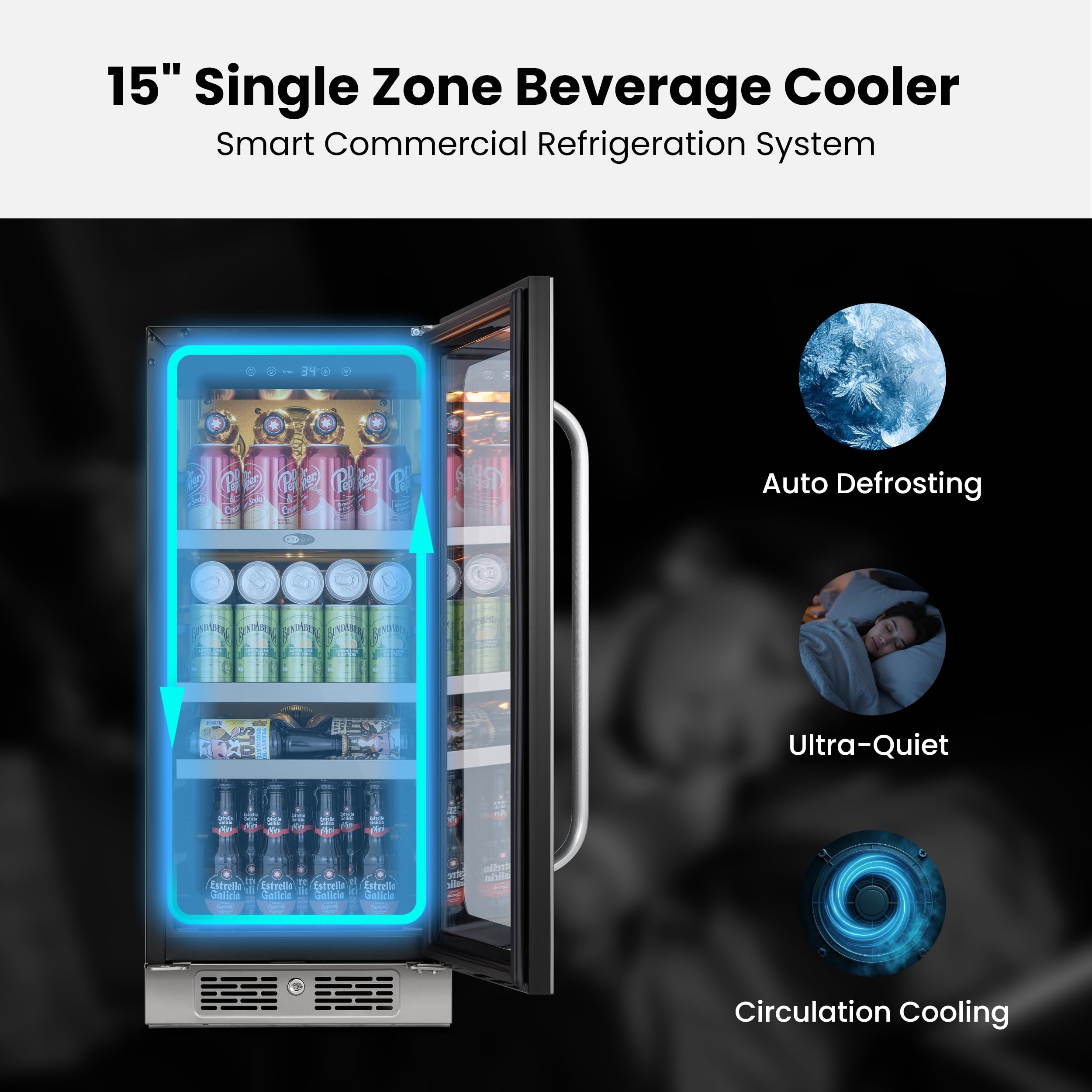 Whynter Beverage Refrigerator 15 Inch Drink Fridge With Glass Door Beverage Fridge Cooler 80 Can Under Counter Built In Freestanding Fridge 34-54°F For Soda Beer Home Bar Luxury Series on Fridge.com - View 4